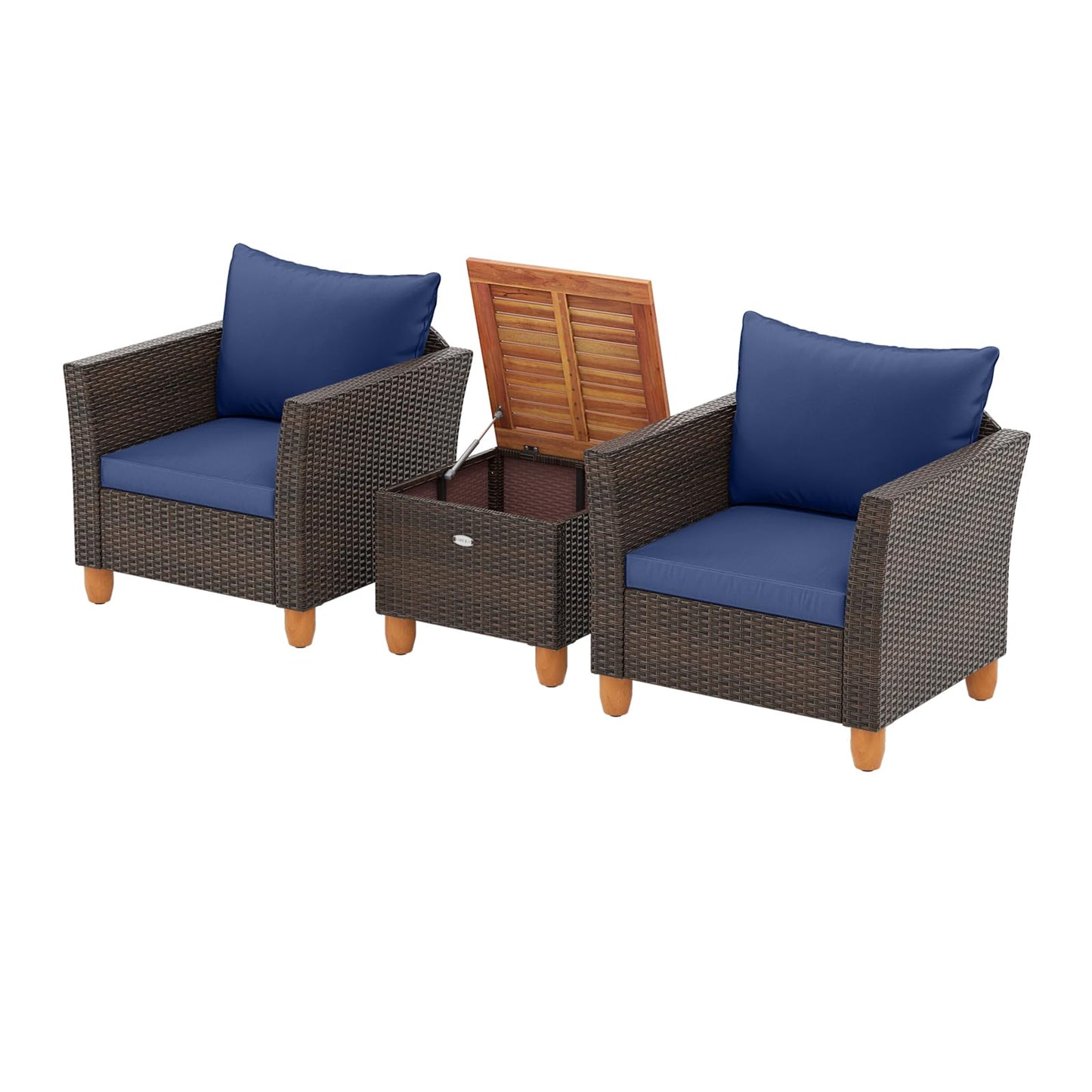 Tangkula 3-Piece Patio Furniture Set, Patiojoy Outdoor PE Wicker Bistro Set with Soft Cushions and Solid Acacia Wood, Outdoor Conversation Set with Porch, Balcony and Garden (Navy)