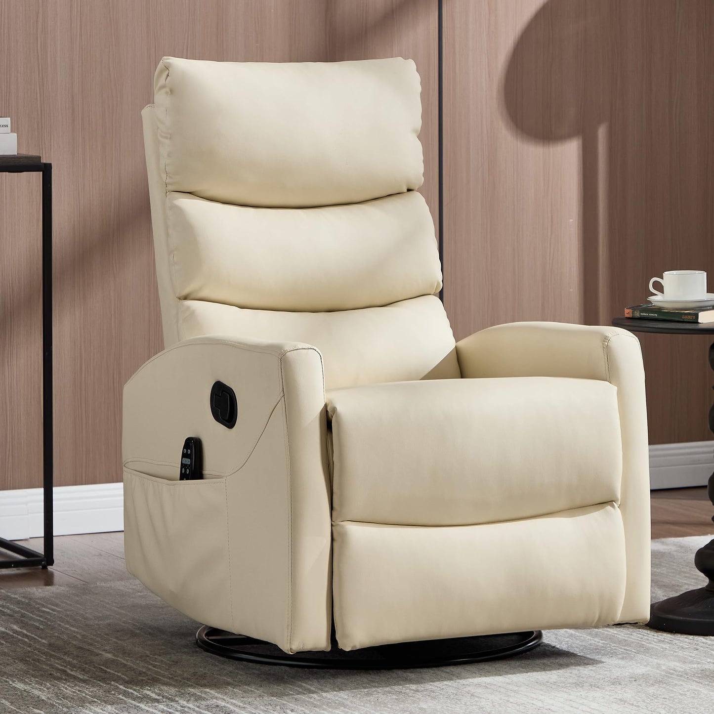 KEIKI 4-in-1 Manual Swivel Rocker Recliner Chair for Home Living Room, Faux Leather Chair with Back Massager & Heat, Home Theater Seating with Lumbar Support, Recliner Office Chairs for Adults, Beige