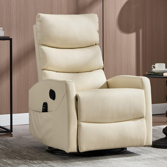 KEIKI 4-in-1 Manual Swivel Rocker Recliner Chair for Home Living Room, Faux Leather Chair with Back Massager & Heat, Home Theater Seating with Lumbar Support, Recliner Office Chairs for Adults, Beige