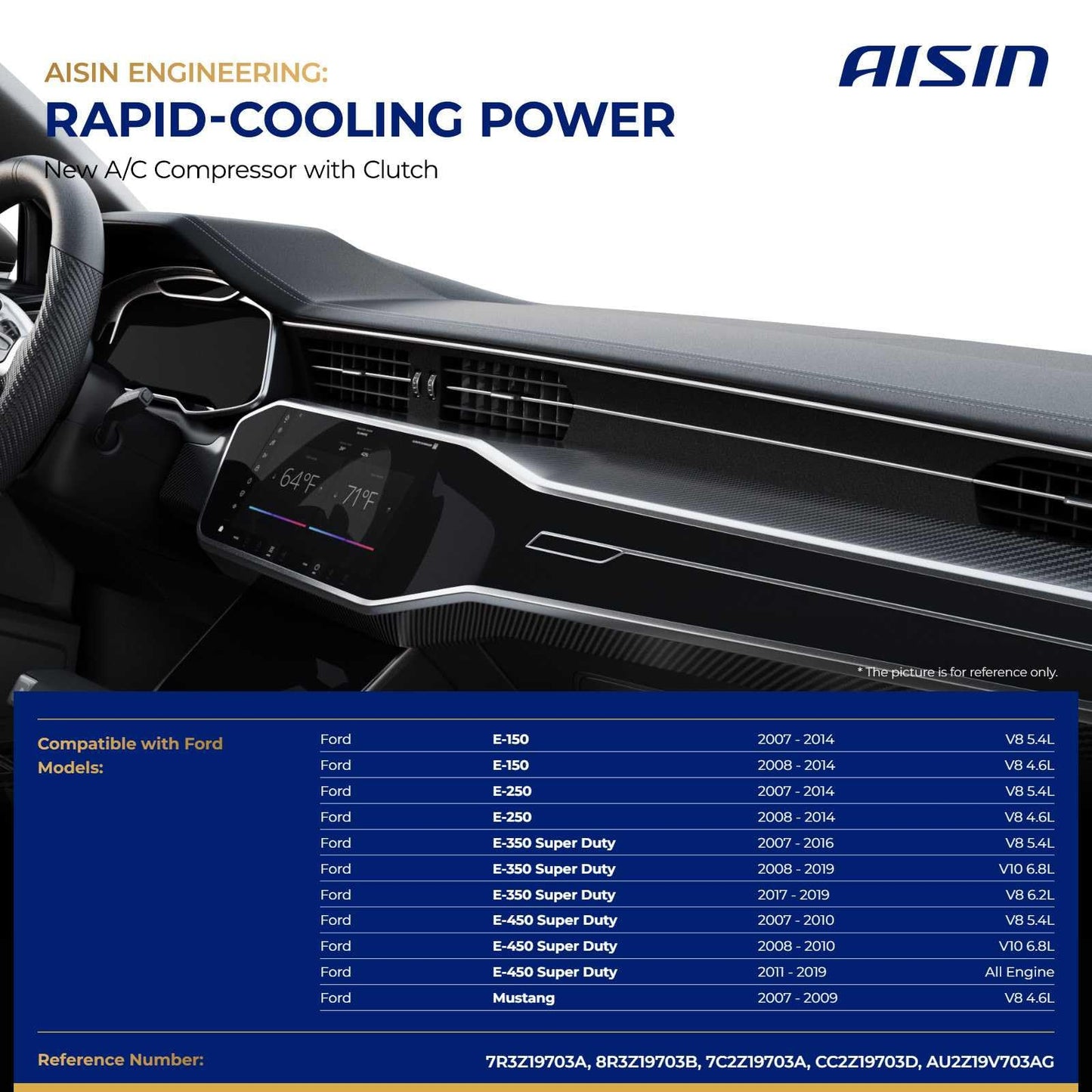 AISIN AFTERMARKET ACCFD-00088 Air Conditioner AC Compressor - Compatible with Ford Mustang 2007-2009, E-150 E-250 2007-2014, E-350 E-450 Super Duty 2007-2019 - with 6-Pulley Groove, with Clutch