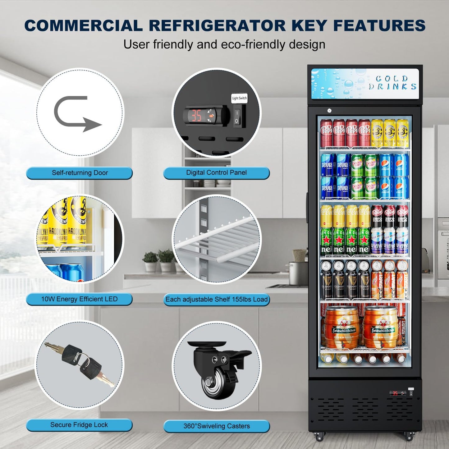 ECEVT 20.8''W Commercial Refrigerators, 11 Cu.ft. Glass Door Beverage Refrigerators Commercial Fridge Upright Display Cooler with Soft LED Light and Adjustable Shelves for Restaurant Grocery Stores
