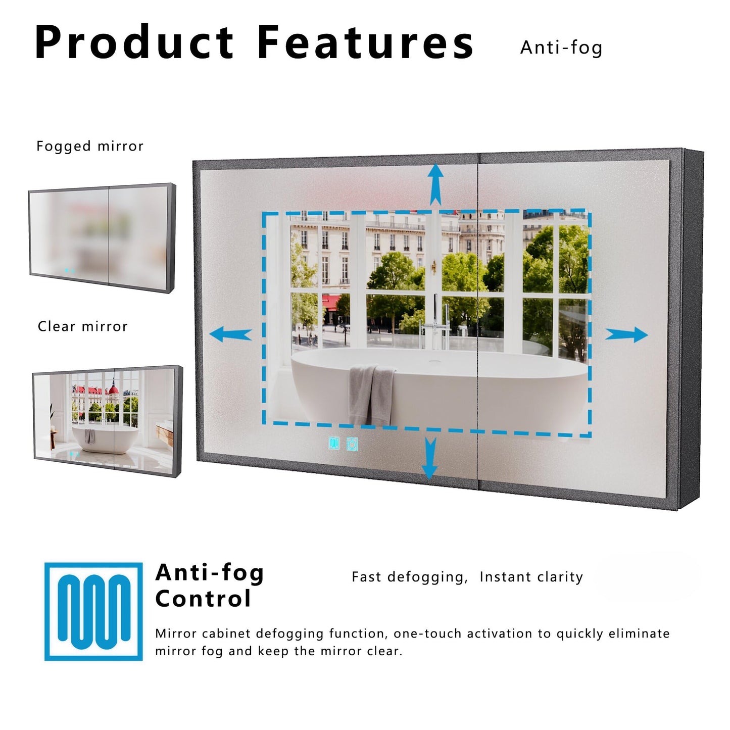 Lighted Medicine Cabinet with Mirror,Wall Mounted Bathroom Mirror with Storage,Anti-Fog,Two-Doors Bathroom Wall Cabinet with LED Lights, Dimmable,Easy to Install,39.37 x 23.62 Inch.