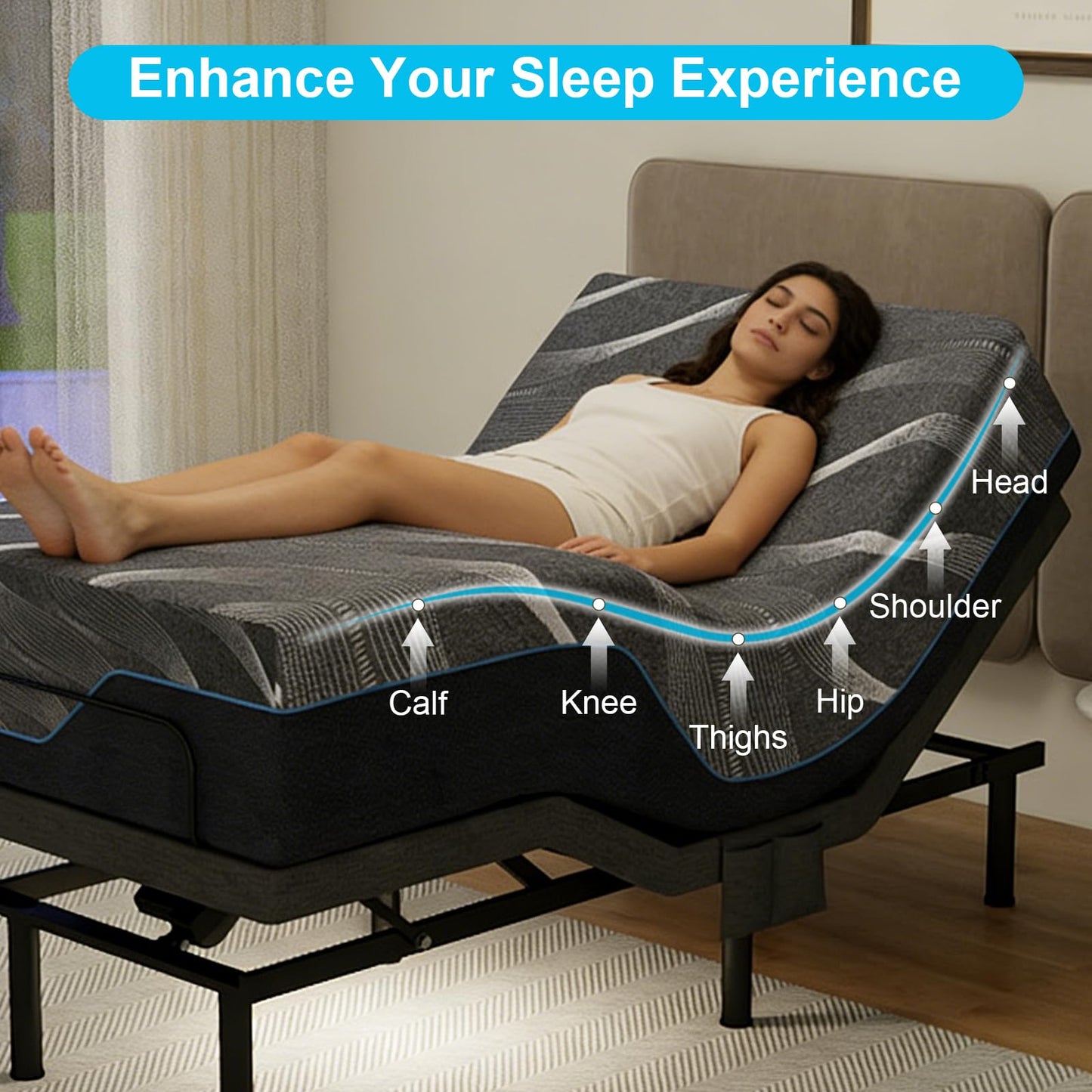 Vipbear Twin XL Adjustable Bed Frame with Mattress - 14 Inch Grey Gel Memory Foam Firm Mattress in Box, Adjustable Bed Base with Under-Bed LED Light, USB Ports,Wireless Remote
