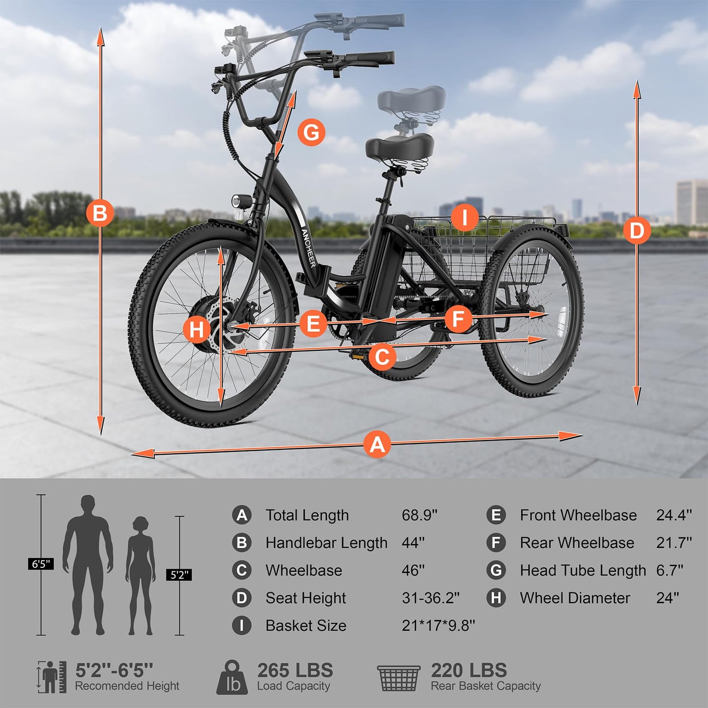 ANCHEER Electric Tricycle for Adults, Peak 600W Electric Trike, 24" 499Wh Folding 3 Wheel Ebike for Adults & Seniors, 15.5MPH & 55Miles Electric Bike, Rear Differential, Rear Basket UL2849 Compliant