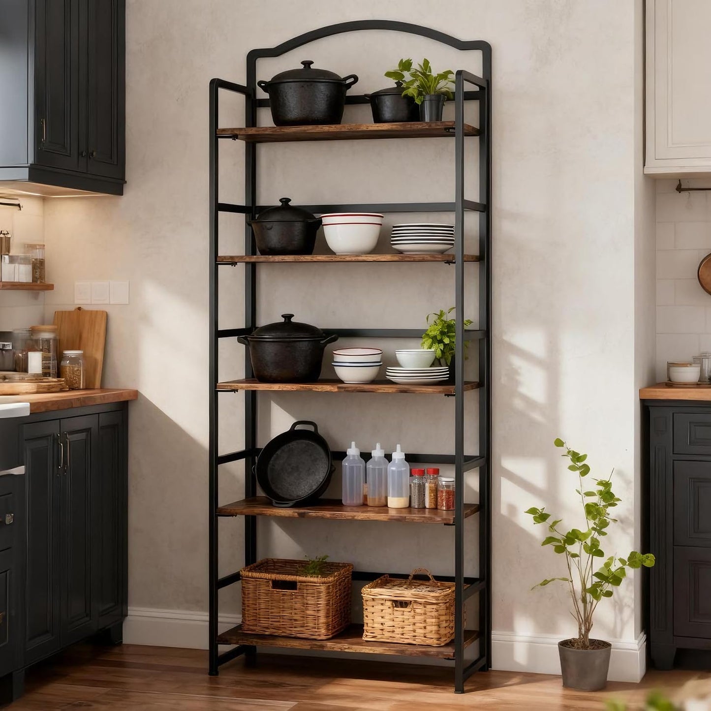 JSB 5 Tier No Assembly Folding Bookshelf, Arched Bookshelf, Foldable Bookcase for Living Room, Bedroom, Office,Skinny Bookshelf (Fire Brown)
