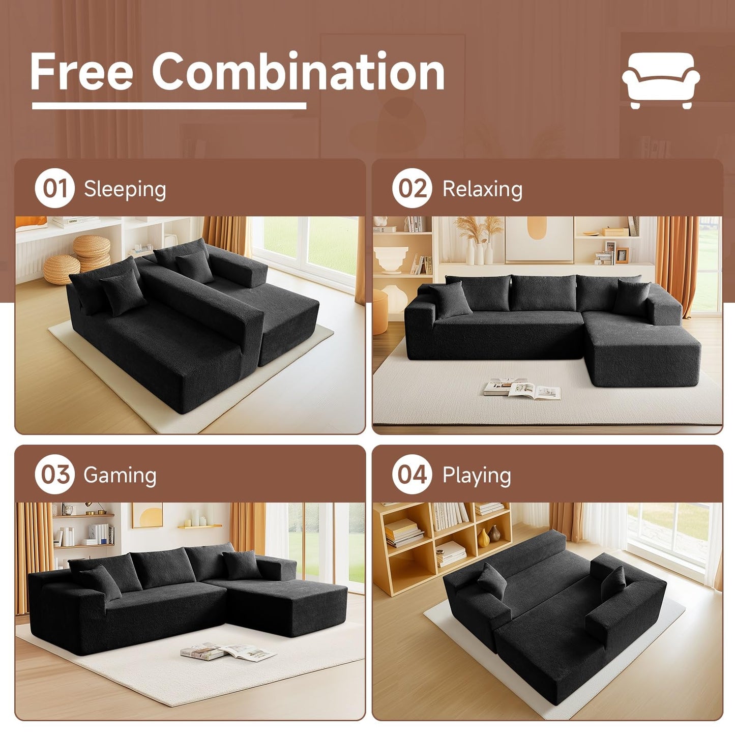Trygoal 103” L Shaped Cloud Sectional Boneless Couches for Living Room, Modern Modular Sofa Couch with Chaise, Comfy Deep Seat Living Room Furniture Set, No Assembly, Black