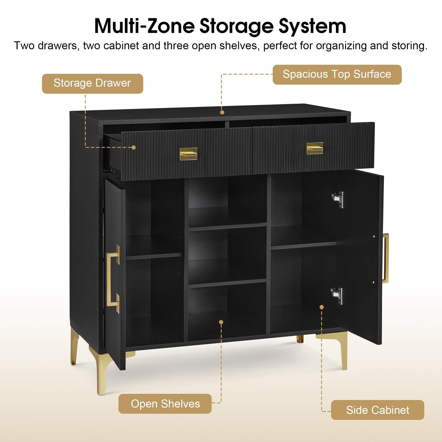 BarberPub Fluted Barber Station for Storage, Modern Beauty Salon Cabinet with Drawer & Open Space, SPA Freestanding Organizer 3161 (Black)