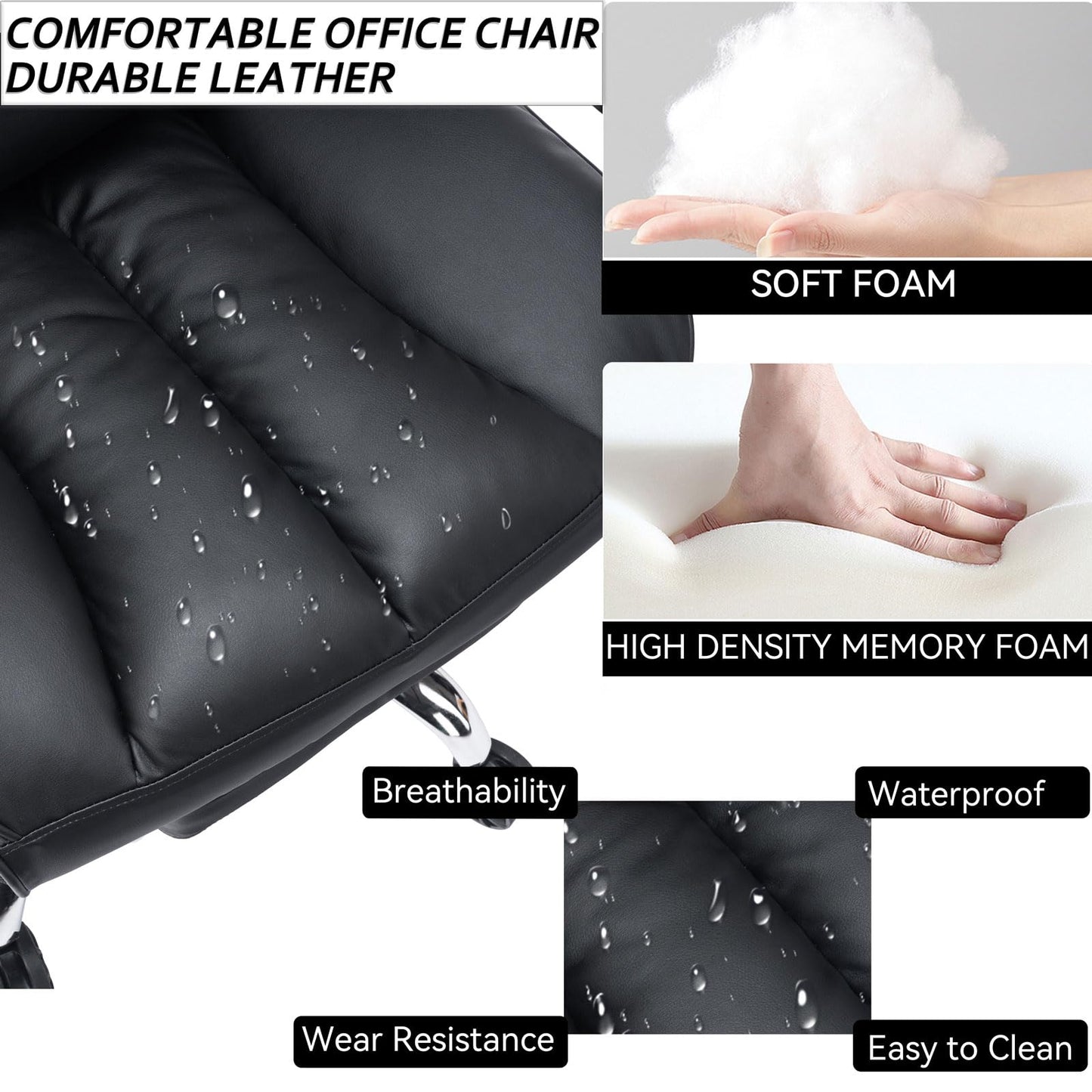 Efomao Big & Tall Office Chair with Footrest, High-Back Leather Executive Desk Chair with Lumbar Support and Padded Armrests, Black