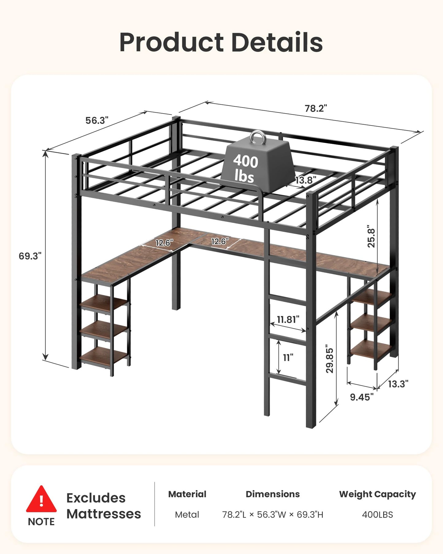 Mixcous Full Size Loft Bed with Desk & Open Shelves, Heavy Duty Metal Bed Frame with Safety Guardrails & Ladder, Loft Beds with Vintage Wood Finish L-Shaped Desk, Black