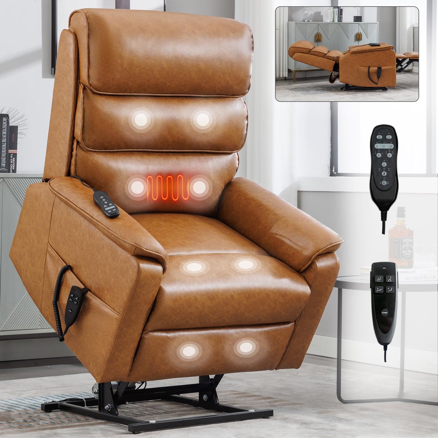 KEIKI Oversized Recliner Chair Dual Motor Power Lift Leather Recliner Chair with Heat and Massage, Infinite Position Power Reclining Simple Modern Chaise Lounge Chair Indoor, Yellow Brown