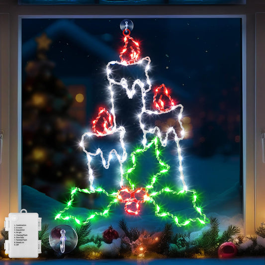 Enhon Christmas Window Silhouette Light, Battery Operated, 8 Modes, Timer, 15.8in, White/Red/Green, Model SO-Enhon-2398