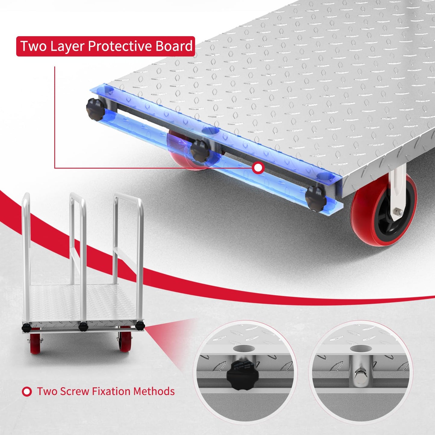 PHEXOD 2IN1 Steel Panel Truck Cart, Lumber Cart Drywall Dolly，2500LBS Heavy Duty Flatbed Cart Dolly with 6" Swivel Brake Wheels, 40x24INCH 2MM Plate Platform Truck with 1Front and 3Side Handrails