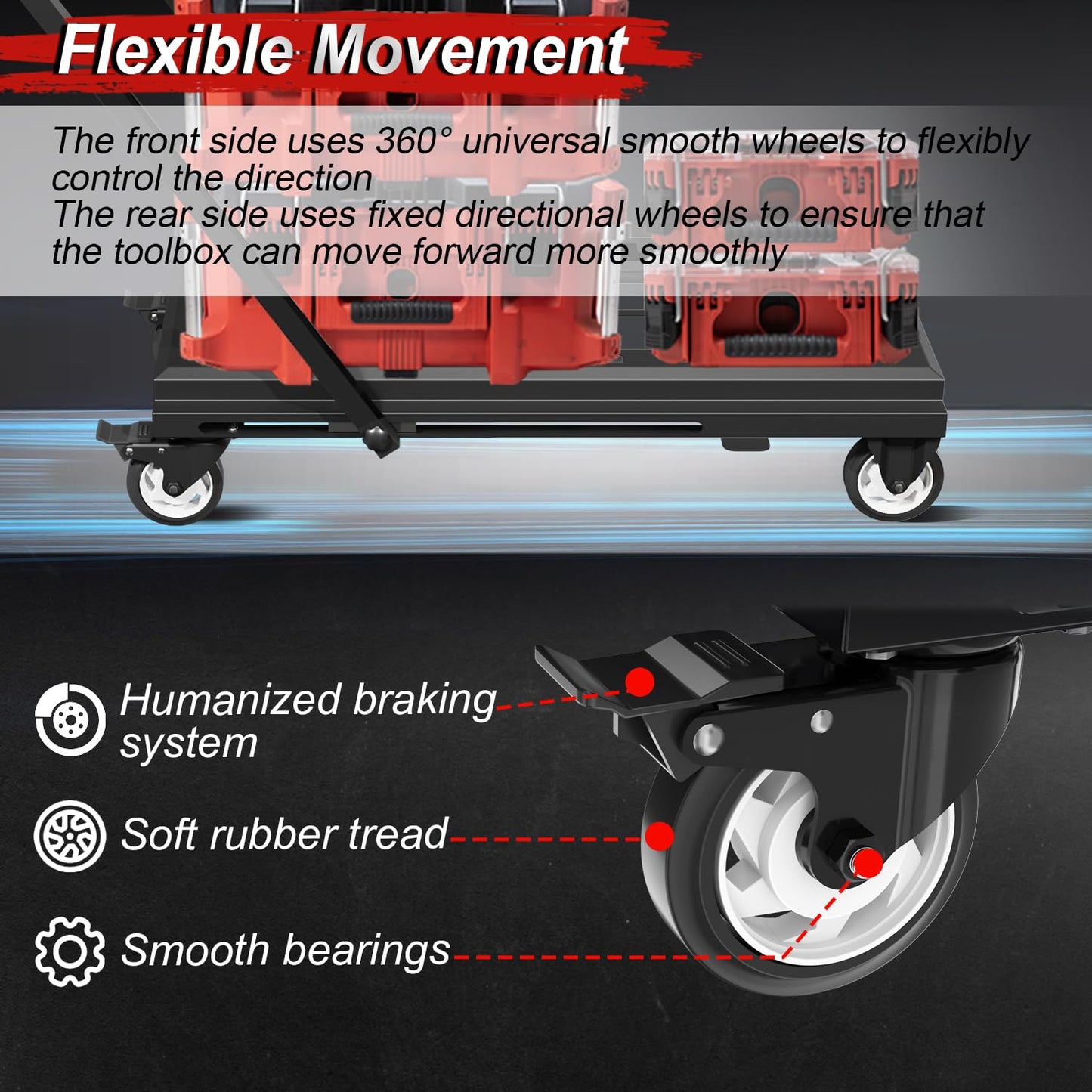 Medium Heavy Duty Toolbox Dolly with Handle, Compatible with Mil.Waukee Packout Toolbox, Double Storage, Thickened Carbon Steel Frame, Larger Wheels with Brake, No Drilling Required, Up to 400lbs