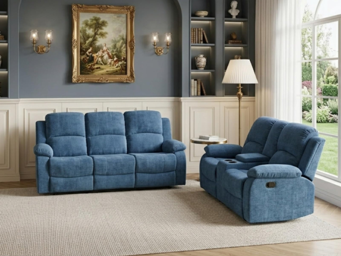 Trygoal Manual Recliner Sofa Set, Fluffy Fabric Reclining Living Room Furniture Set, Adjustable Backrest Reclining Loveseat Sofa and a 3 Seater Couch Furniture Set for Living Room, Light Blue