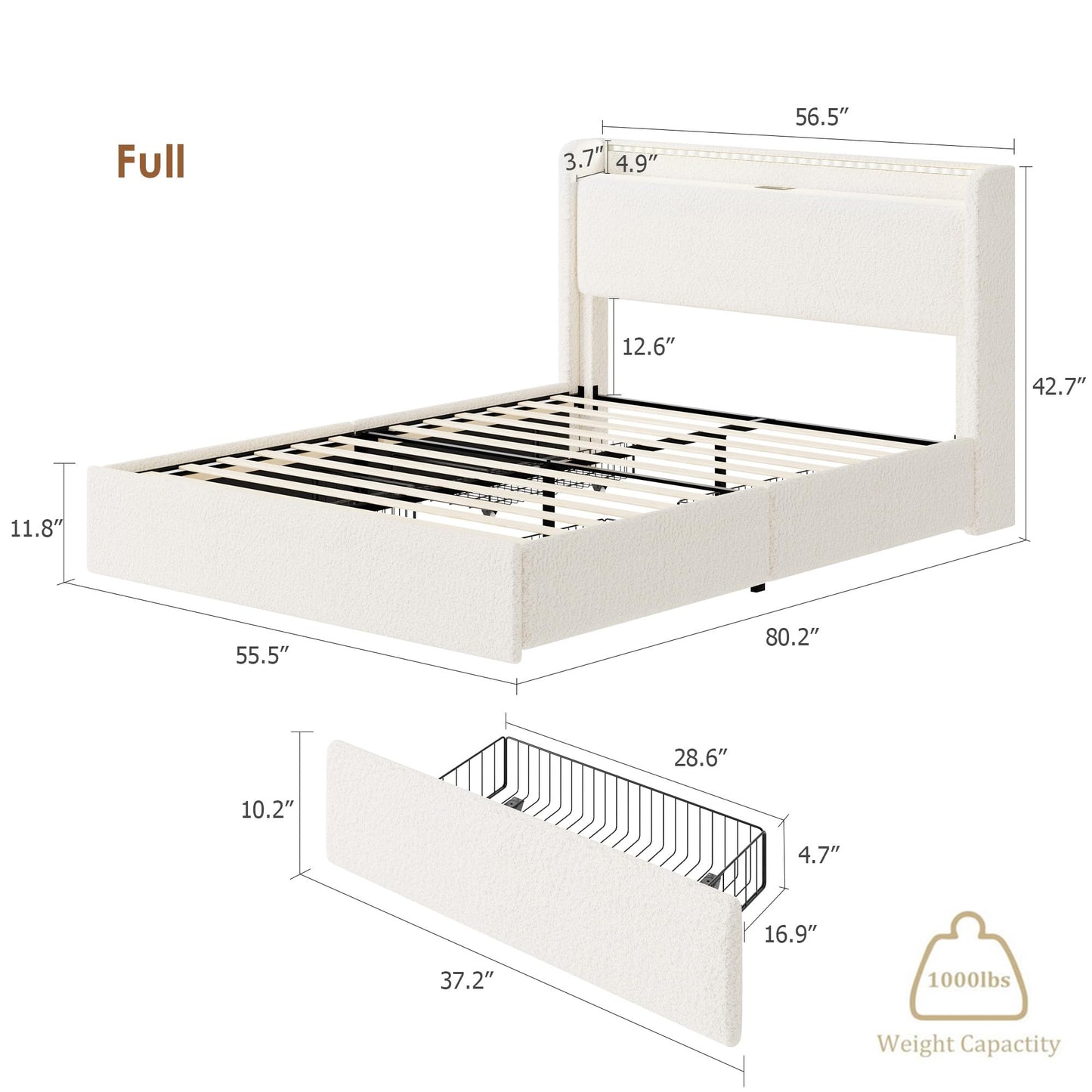 Full LED Bed Frame with 4 Storage Drawers and Storage Headboard, Soft Boucle Upholstered Platform Bed Frame with Charging Station and USB Ports, Solid Wood Slats Support, No Box Spring Needed, Cream