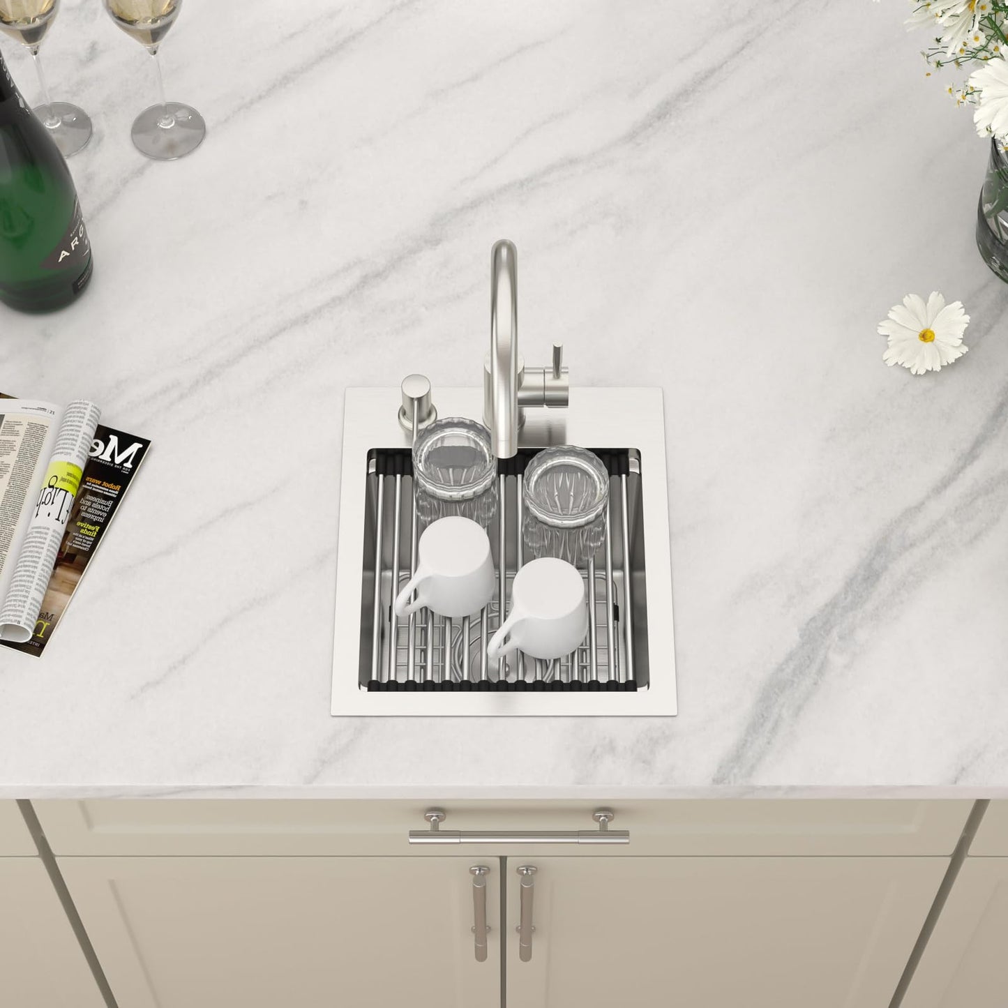 Dcolora Drop In Bar Sink 13x15x9 Inches, Workstation with Accessories, Brushed 304 Stainless Steel, Heavy Duty 16 Gauce, Small Single Bowl Perfect for Small Kitchen, Bar, Kitchen Island #DC-TW258005