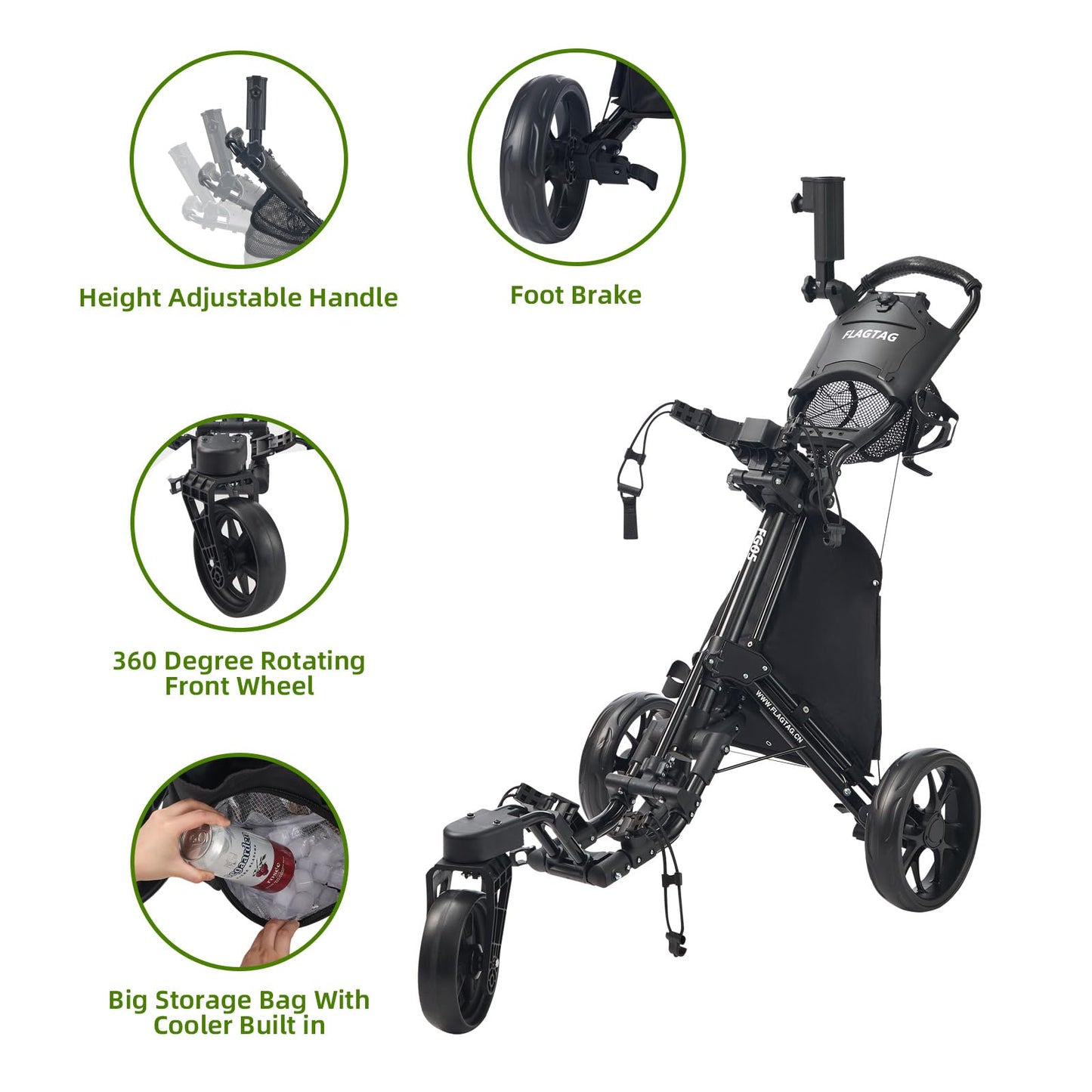 FLAGTAG Golf Push Cart 3 Wheel with 360 Swivel Front Wheel,Lightweight and Foldable Walking Golf Cart，One-Click Foldable,with Foot Brake