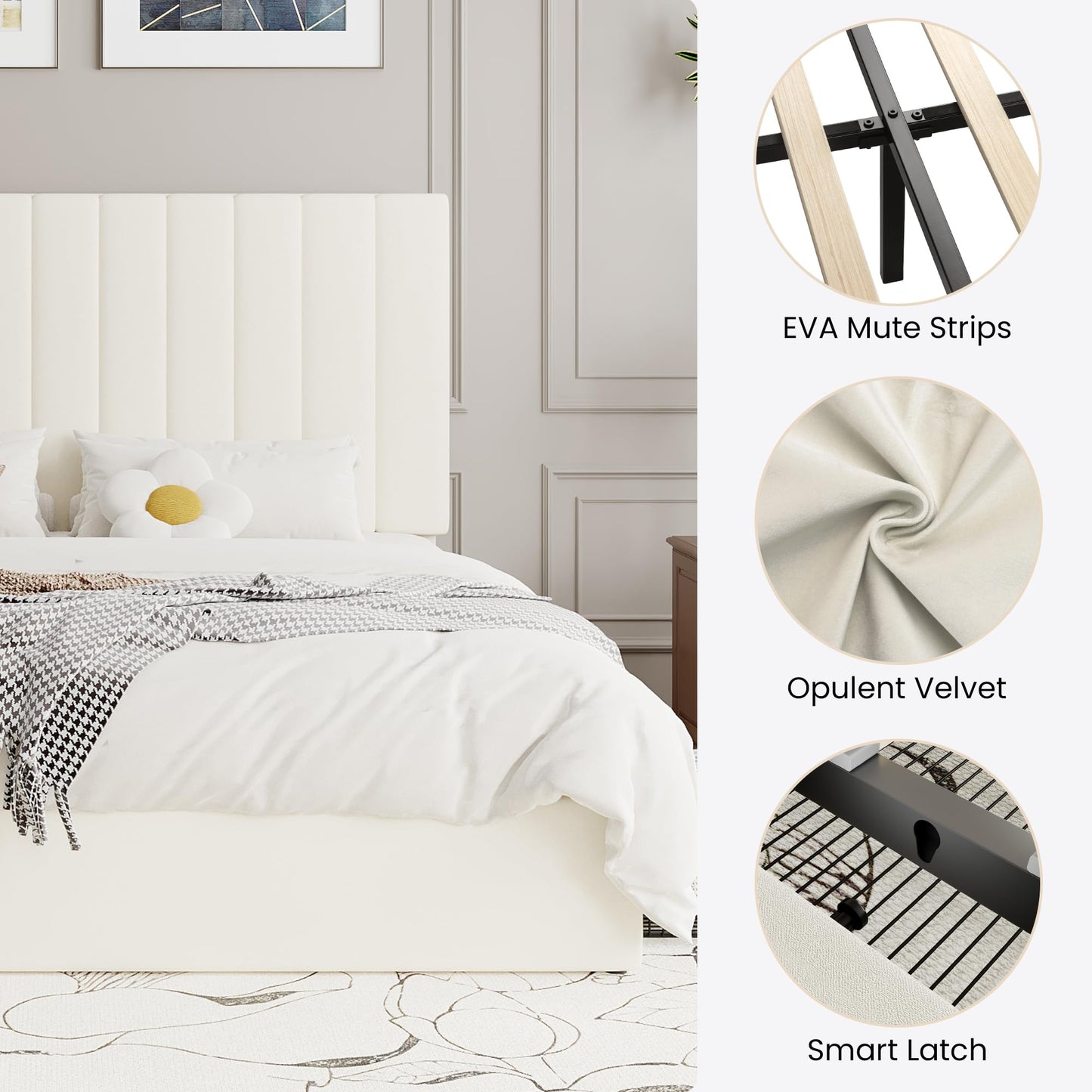 SHA CERLIN Queen Platform Bed Frame with 4 Storage Drawers, Vertical Channel Tufted Adjustable Headboard, Velvet Upholstered, Wooden Slats Support, No Box Spring Needed, Easy Assembly, Cream