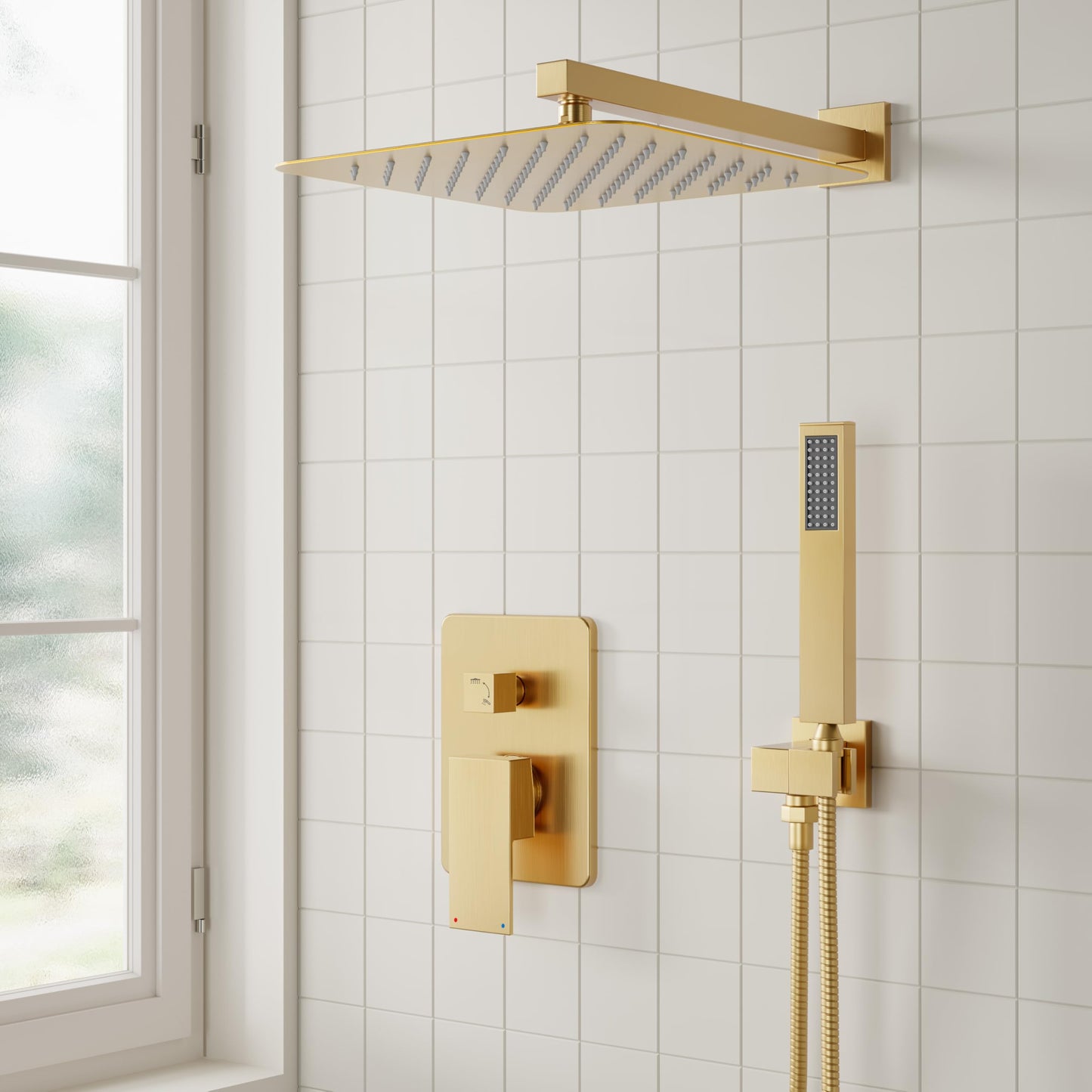 ESNBIA Gold Shower System, 12 Inches Shower faucet Set with Pressure Balance Shower Valve, High Pressure Gold Shower Head and Handle Set, Wall Mounted Shower Fixtures, Brushed Gold