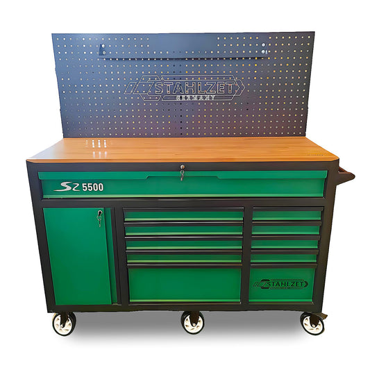 StrideoooTrek 11-Drawers Tool Cabinet, Heavy-Duty Metal Storage Rolling Chest with Wood Workbench,Pegboard, Green and Black, Multiple Drawers for Home,Garbge or Workshop Use