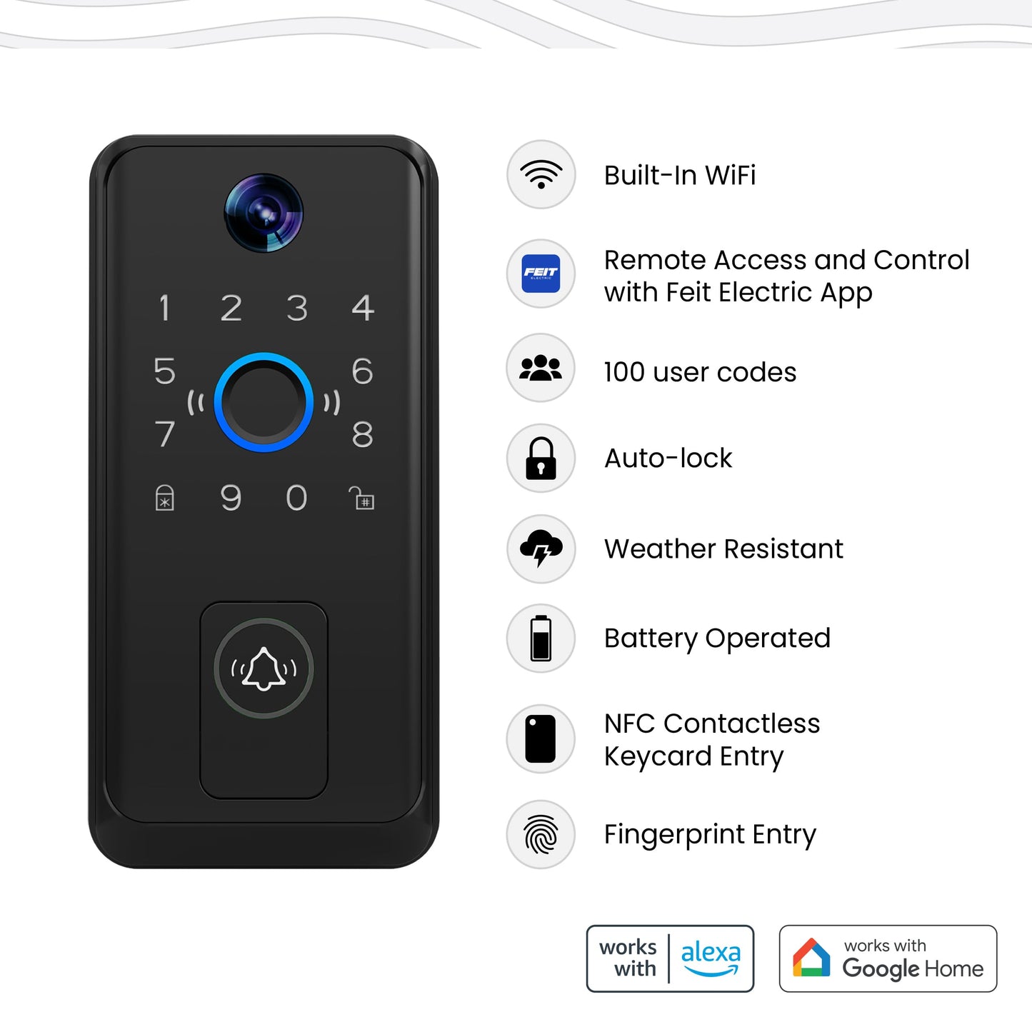 Feit Electric Smart Door Lock with HD Camera Doorbell, 1080p Video, Fingerprint & Keypad Entry, 2-Way Audio, Night Vision, App Control, Auto-Lock, 100 User Codes, USB-C Backup, Matte Black Finish