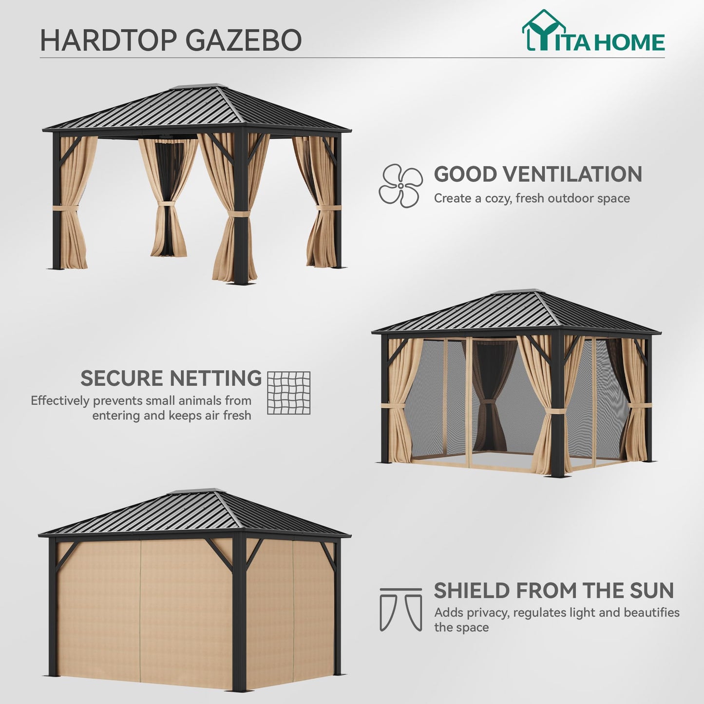YITAHOME 10X12FT Hardtop Metal Gazebo Single Top Outdoor Patio Canopy Galvanized Iron Aluminum Column Garden Tent Curtains Netting for Backyards Decks Lawns,Brown