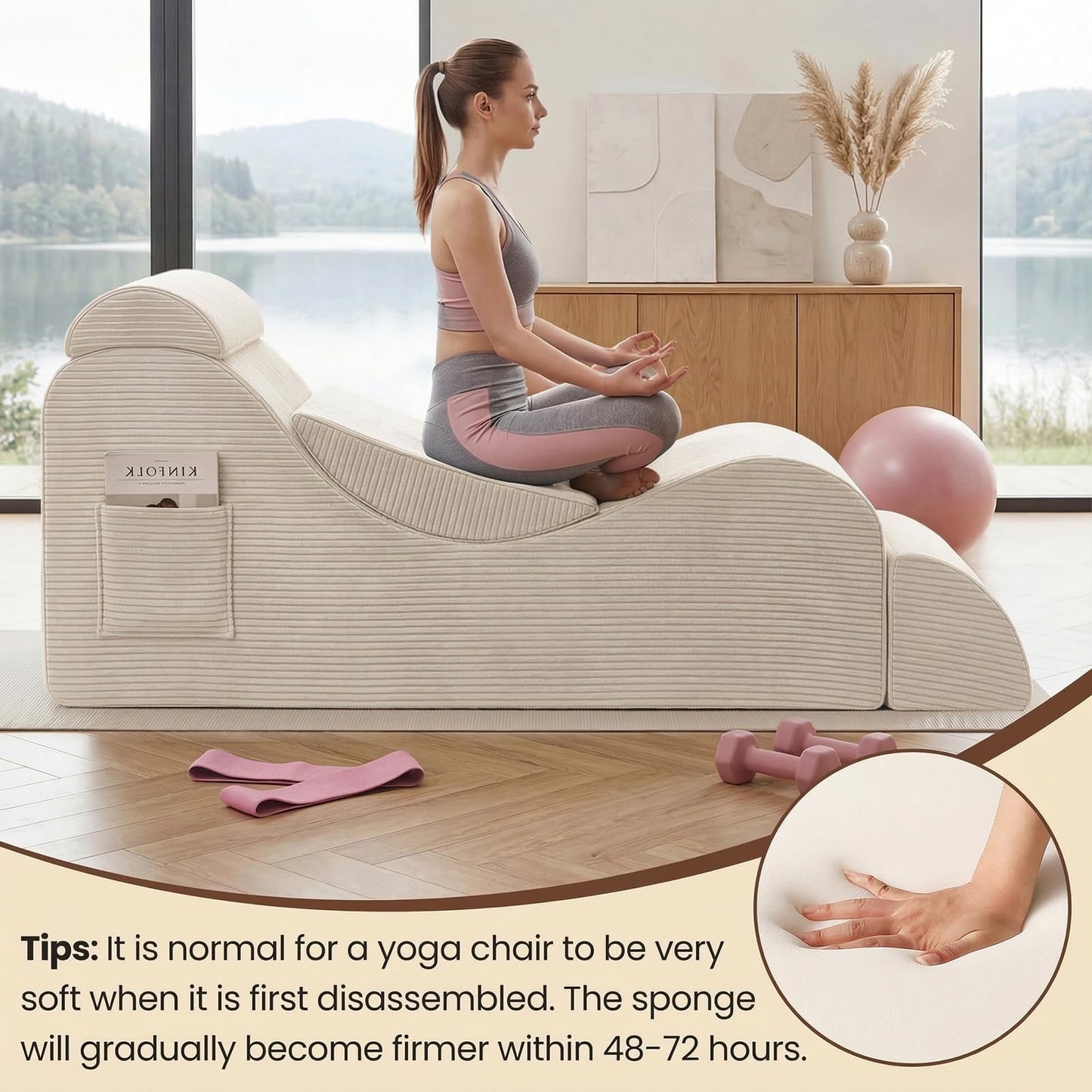 Yoga Chair Lounge for Adult, Ergonomic Foam Chaise Lounge Chair Indoor with Side Pocket, Headrest, Waist Pad, Ottoman, Perfect for Stretching, Massage, and Relaxation, No Assembly Required(Beige)