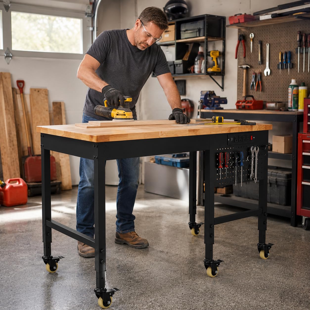 60"x22"x1.2" Heavy Duty Adjustable Workbench with Rubber Wood Top, 9 ft Power Strip, 2000 LBS Load Capacity, Lockable Wheels, ETL Certified, Black Garage & Office Table