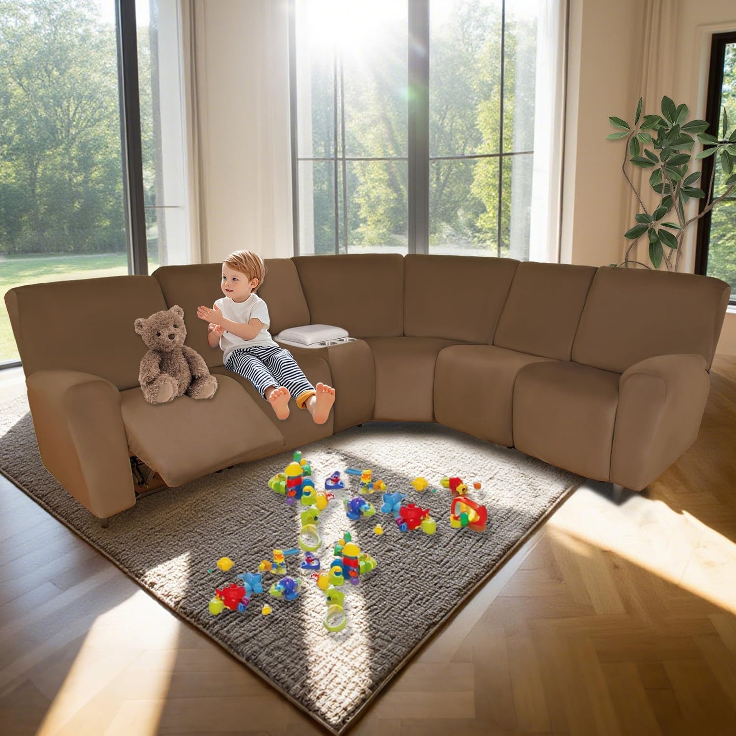 HDCAXKJ Reclining Sectional Couch Covers Velvet L Shaped Sectional Sofa Cover Washable Stretch Soft Corner Recliner Slipcover with Non-Slip Elastic Bottom (5 Seat and 2 Middle Console, Light Brown)