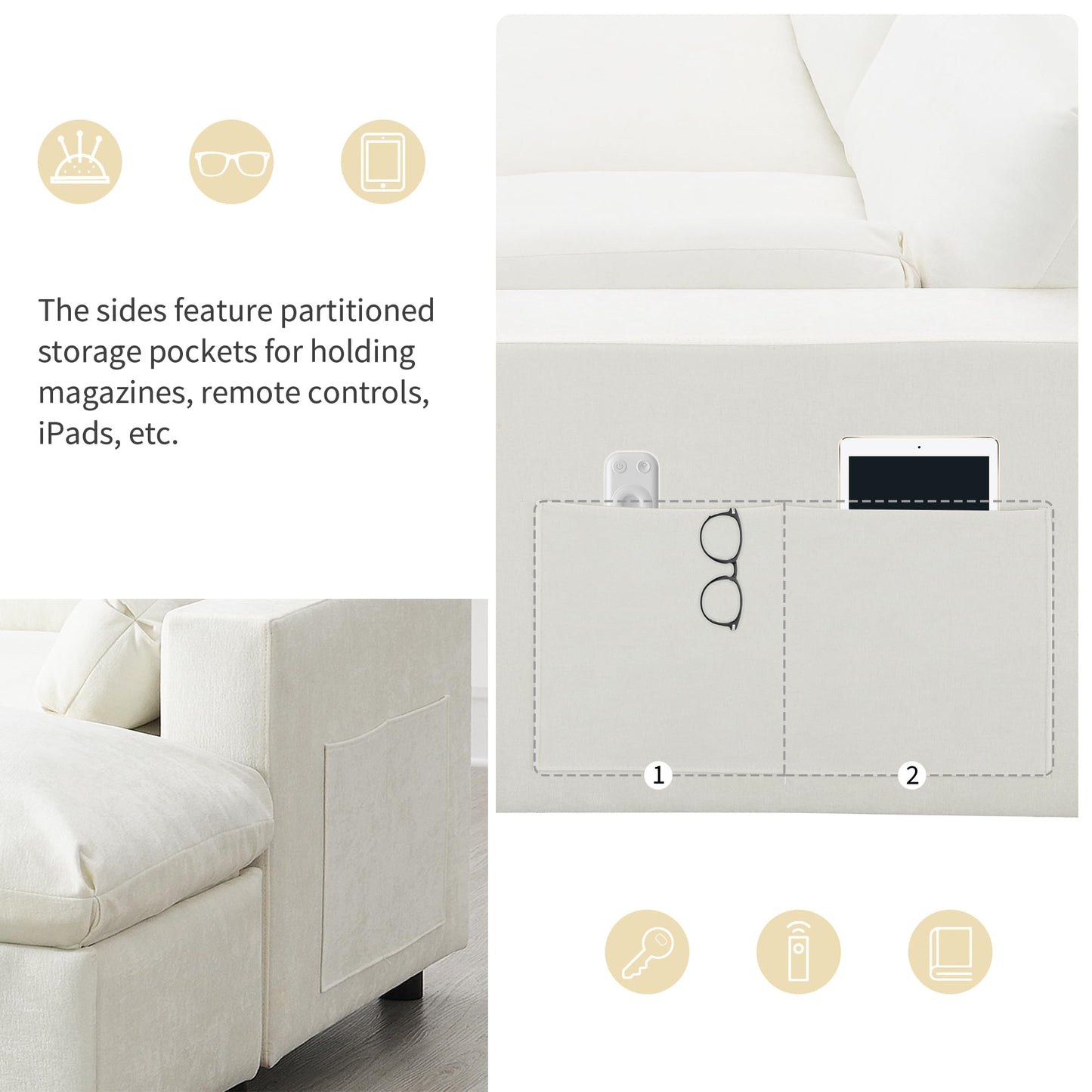 Merax 86.5" Sectional Sofa with Storage Pockets & Removable Ottomans, Cream 5 Seat U Shaped Sleeper Cloud Couch Set, Convertible L-Shaped Upholstered SofaBed for Living Room and Apartment, White