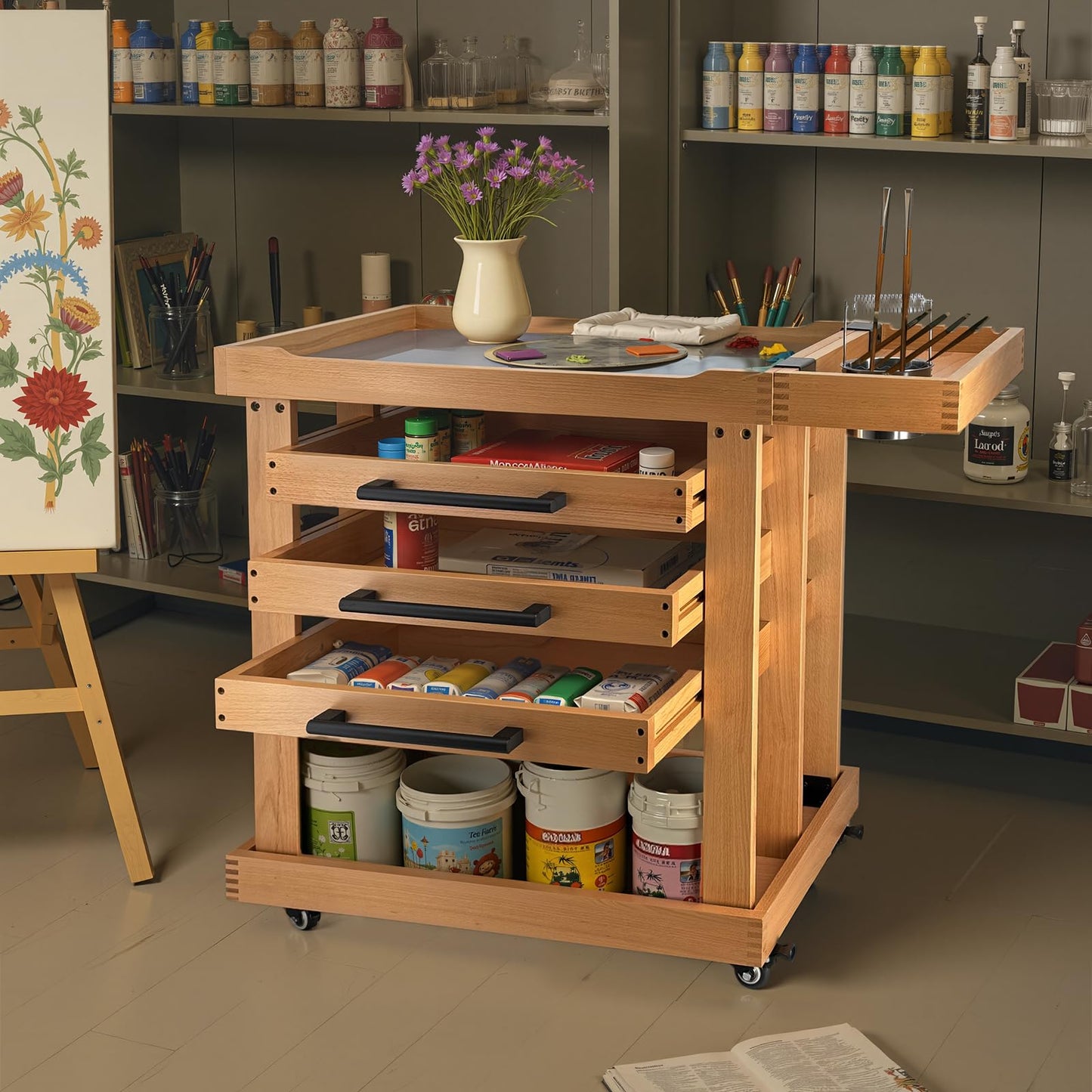 Stuelloaf Art Supplies Storage 5-Tier Cart, Beech Wood Rolling Cart