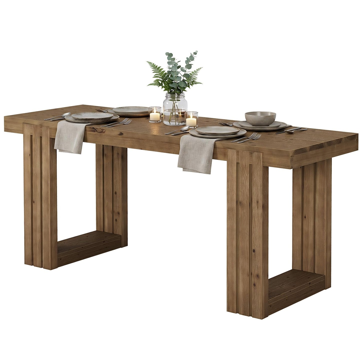 LITTLE TREE Solid Wood Dining Table, 61.8” Dining Table for 4-6 People, Rectangular Wood Kitchen Table, Farmhouse Dinner Table with U-Shaped Legs for Kitchen, Dining Room, Kitchen, Rustic Brown