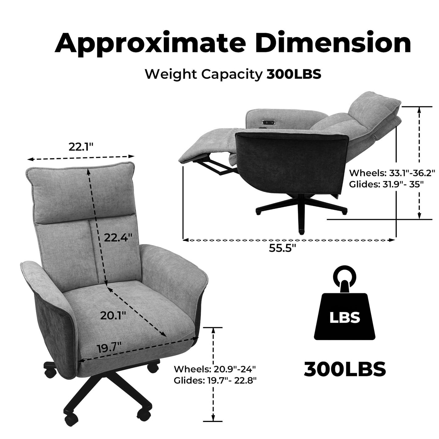 Liftsync Ergonomic Executive Recliner, Adjustable Electric Office Chair 90-155° with Footrest, 4-Position Headrest, 300LBS Heavy Duty, 2-in-1 Base Swivel Desk Chair w/USB, Grey & Black Chenille