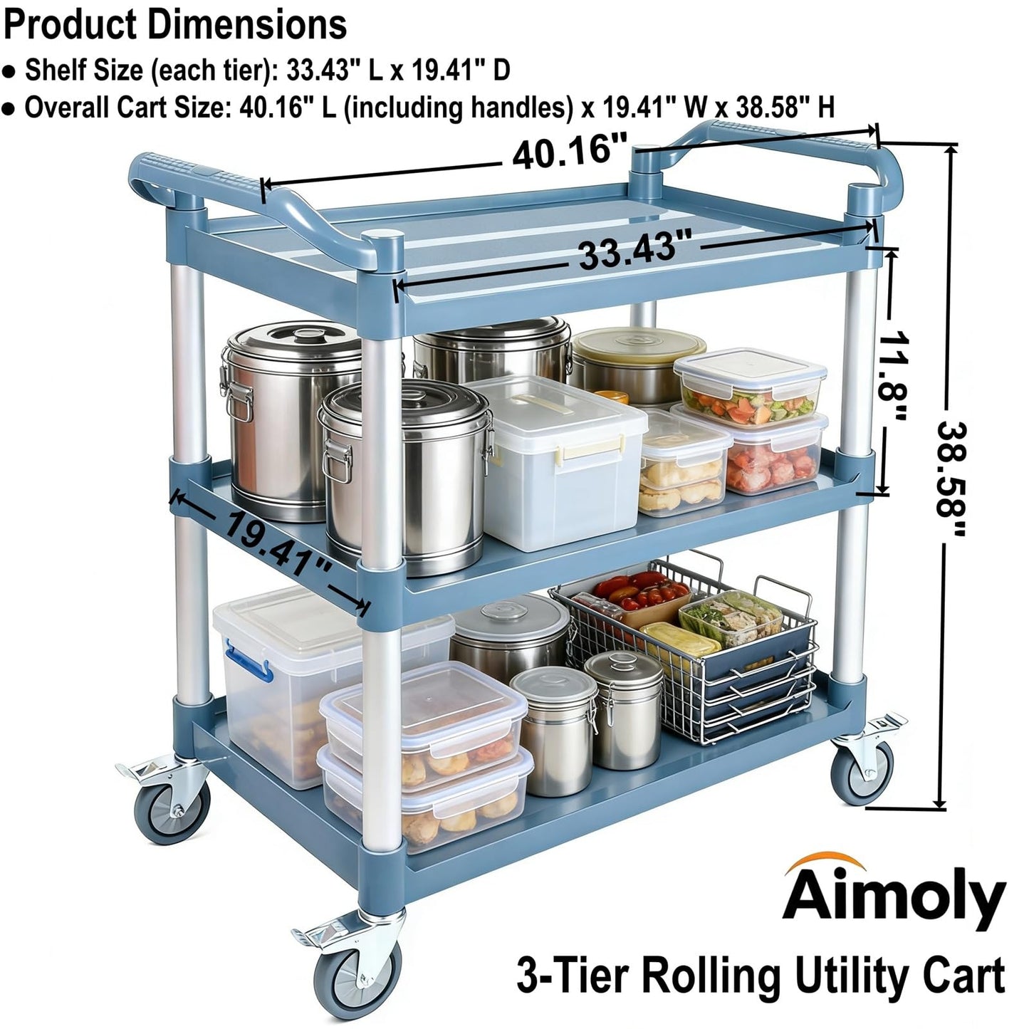 Aimoly 3-Tier Rolling Utility Cart on Wheels, 540 lbs Capacity Utility Service Cart, Commercial Kitchen Cart with 4 Lockable Swivel Casters for Restaurant/Home/Warehouse/Office (40x 19.41x 38.58 in)