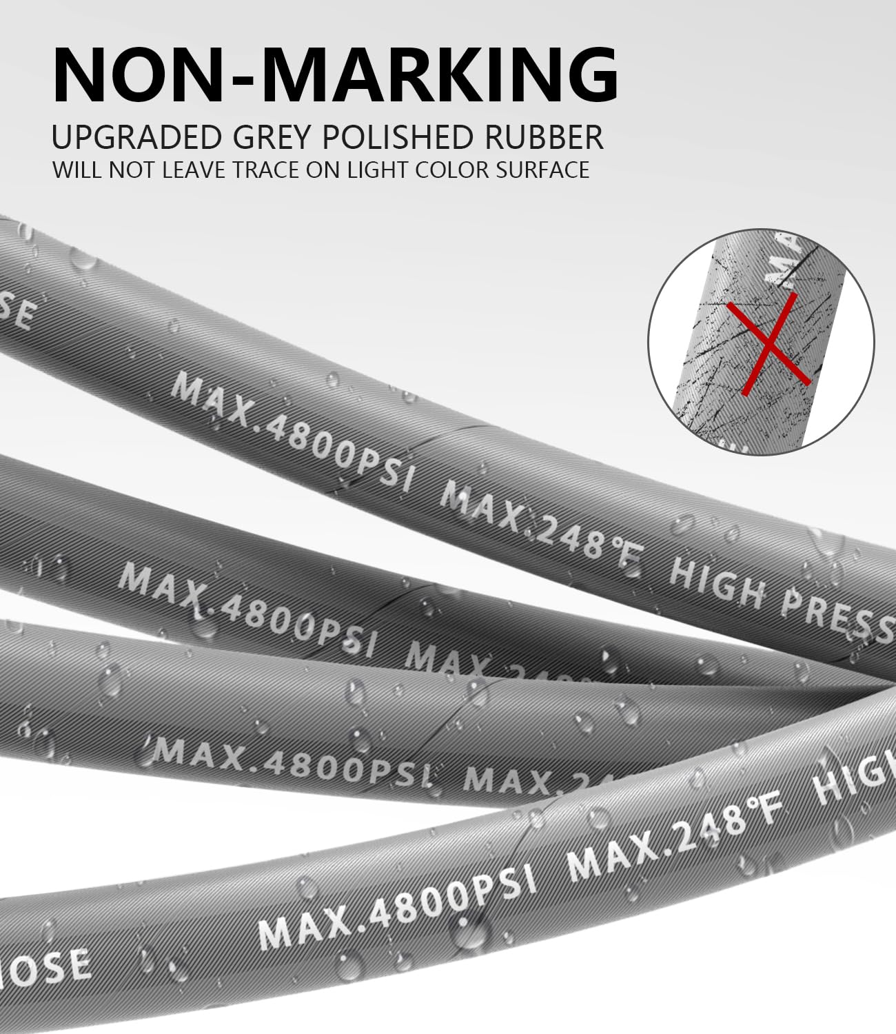 NAVOHEVEN 3/8" Pressure Washer Hose 200FT 4800 PSI, Kink Resistant Steel Braided Layer & NonMarking Rubber for Hot/Cold Water, High Power Washer Hose With 3/8 Inch Quick Connect & M22 Fitting, Gray
