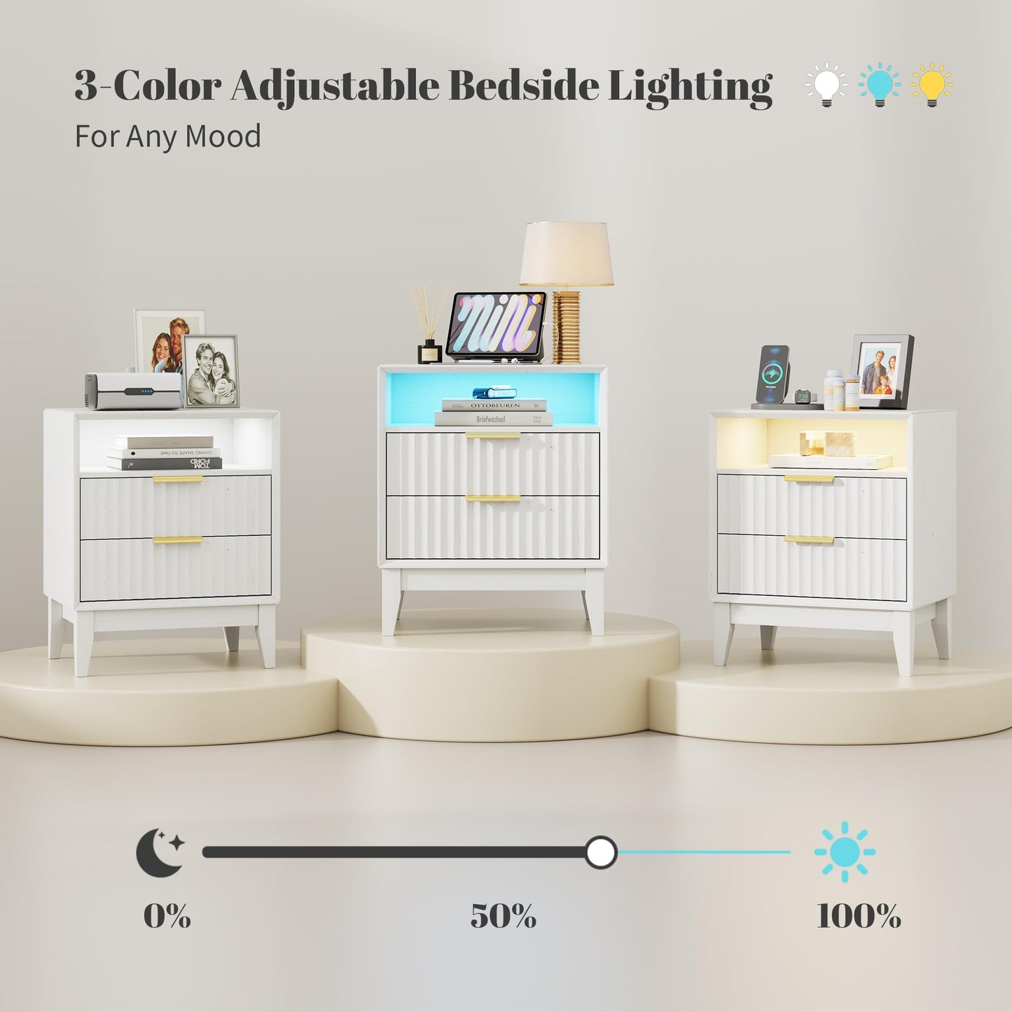 LVSOMT 20'W Fluted Nightstand Set of 2, Night Stand with Charging Station and LED Lights, RFID Lock Hidden Drawer, Mid Century Morden Bedside Table for Bedroom, 2 Drawers and Open Storage Cubby, White