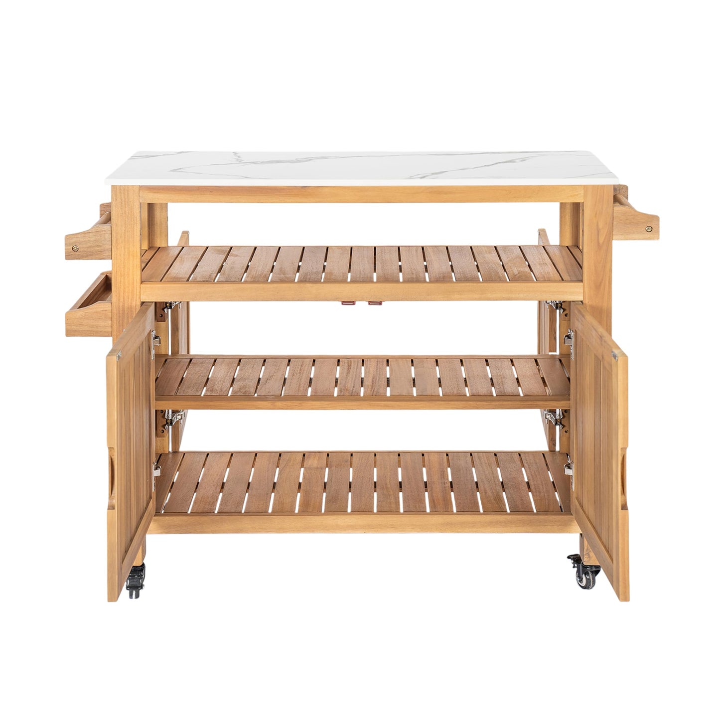 Christopher Knight Home Shina Outdoor Bar Cart with Marble-Effect Top and Lockable Wheels, Acacia Wood Outdoor Storage Cabinet with Three-Tier Slatted Shelves, Kitchen Island Serving Cart, Natural
