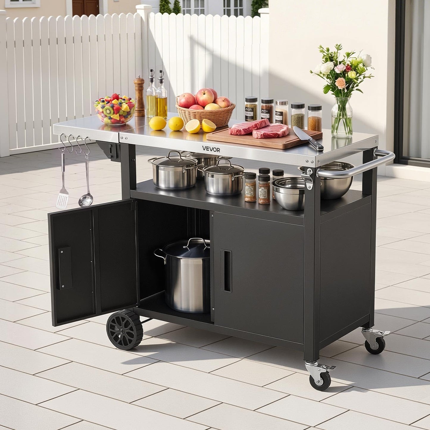 VEVOR Outdoor Grill Cart with Storage Cabinet, 48.9 Inch Grill Table, Waterproof Kitchen Island with Stainless Steel Top, Shelf, and Wheels, Movable Food Prep Station for Patio Bar Backyard BBQ