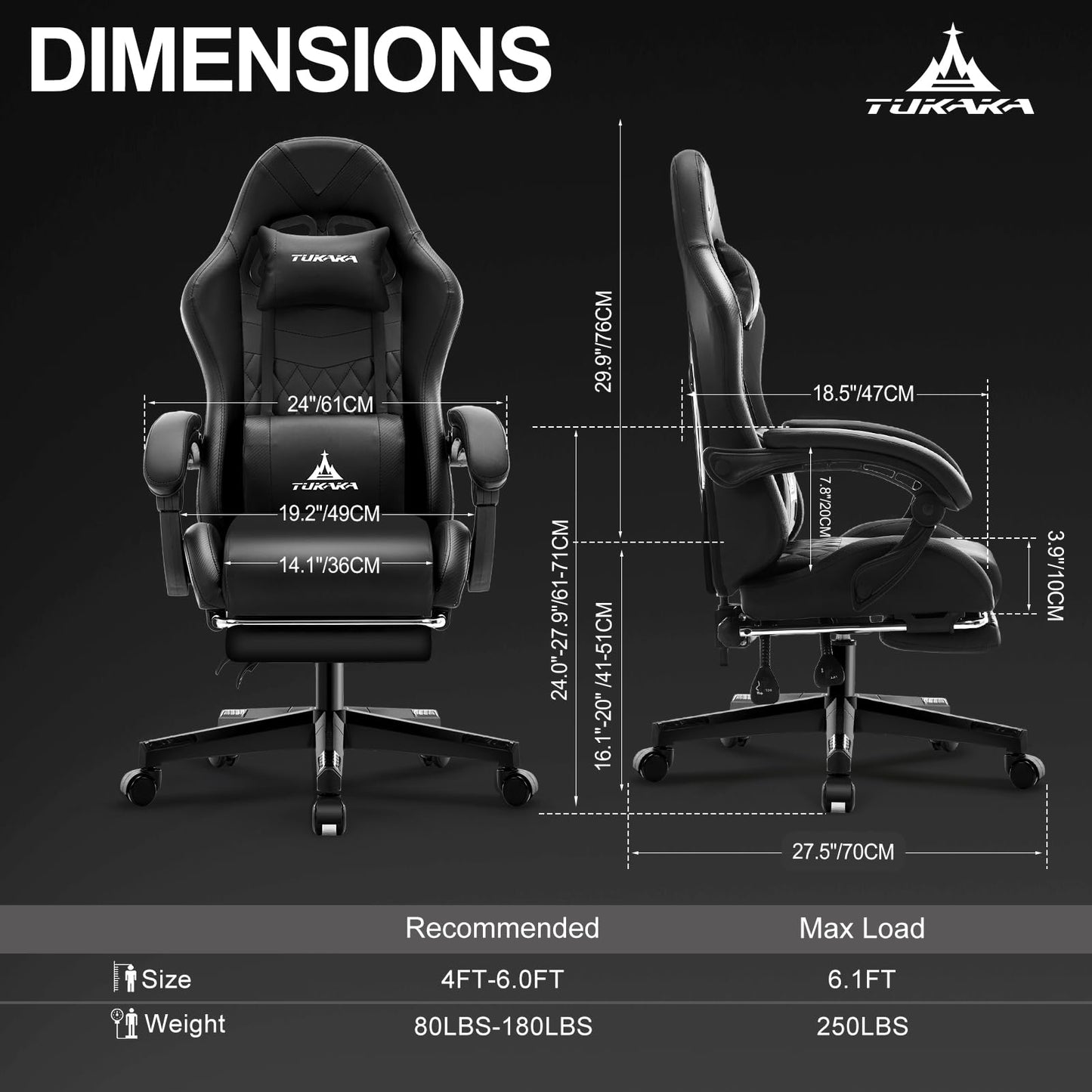 TUKAKA Gaming Chair,Ergonomic Massage Computer Office Desk Chair with Footrest,Pocket Spring Cushion,Reclining Leather Adjustable Gamer Chair with Headrest and Lumbar Support,Black