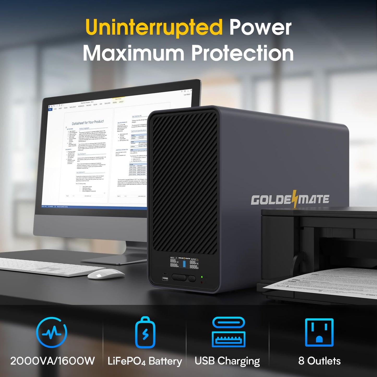 GOLDENMATE 2000VA/1600W Lithium UPS Battery Backup and Surge Protector, Backup Battery Power Supply with LiFePO4 Batteries(460Wh), AVR, Line Interactive Sinewave UPS System, 8 Ports, LCD Screen, Gray
