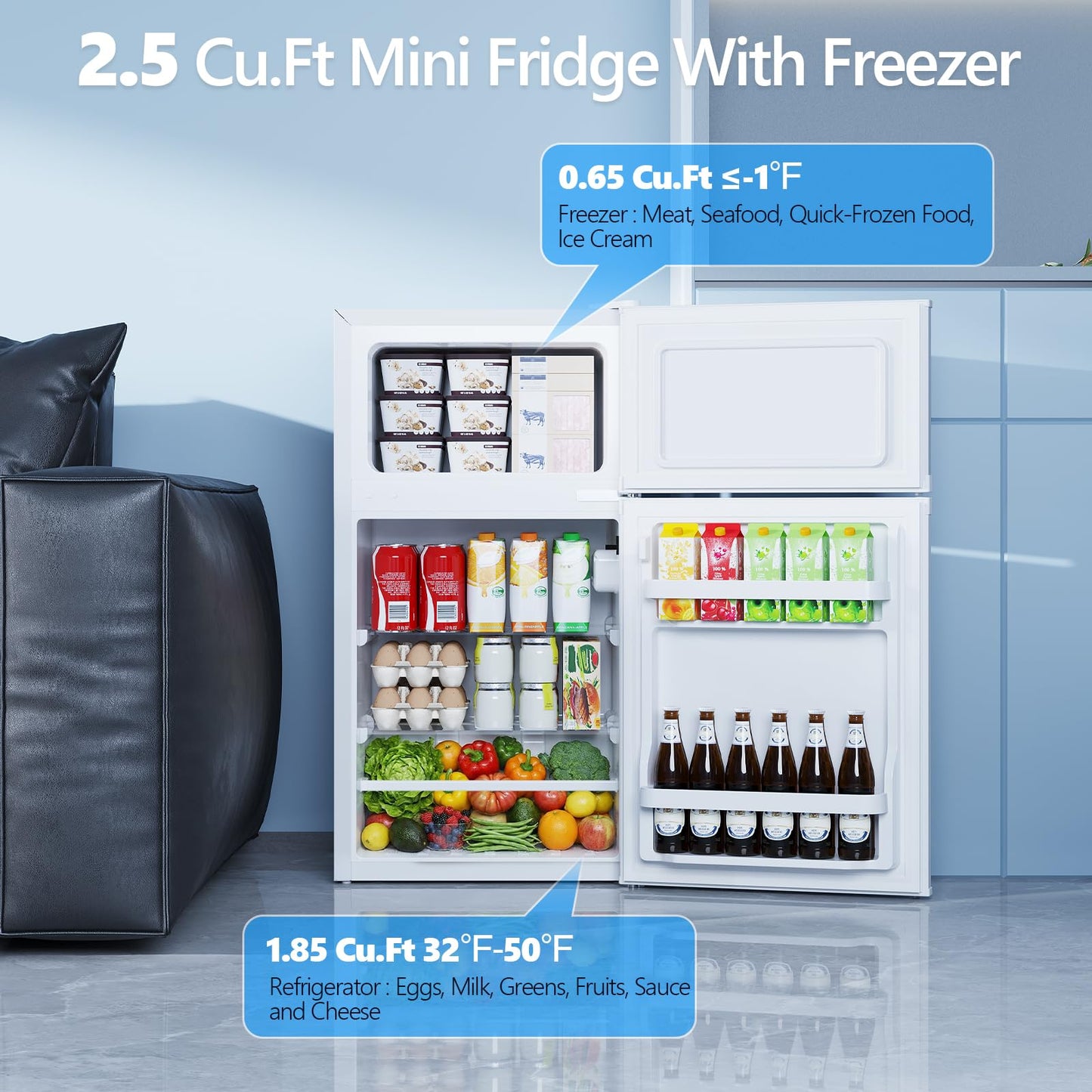 Electactic 2.5 Cu.Ft Mini Fridge with Freezer, Double-Door Compact Refrigerator, Adjustable Glass Shelves, Mechanical Thermostat & Built-in Casters, Space-Saving for Apartment/Dorm/Office, White