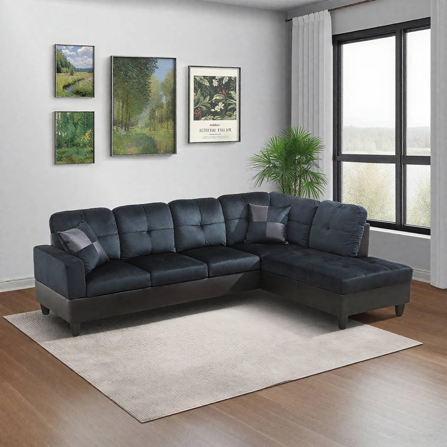 UOCFYK Sectional Sofa Couch with Right Chaise, L Shaped Couches Lint and PVC for Living Room, Office, Apartments, Small Space, Dark Brown