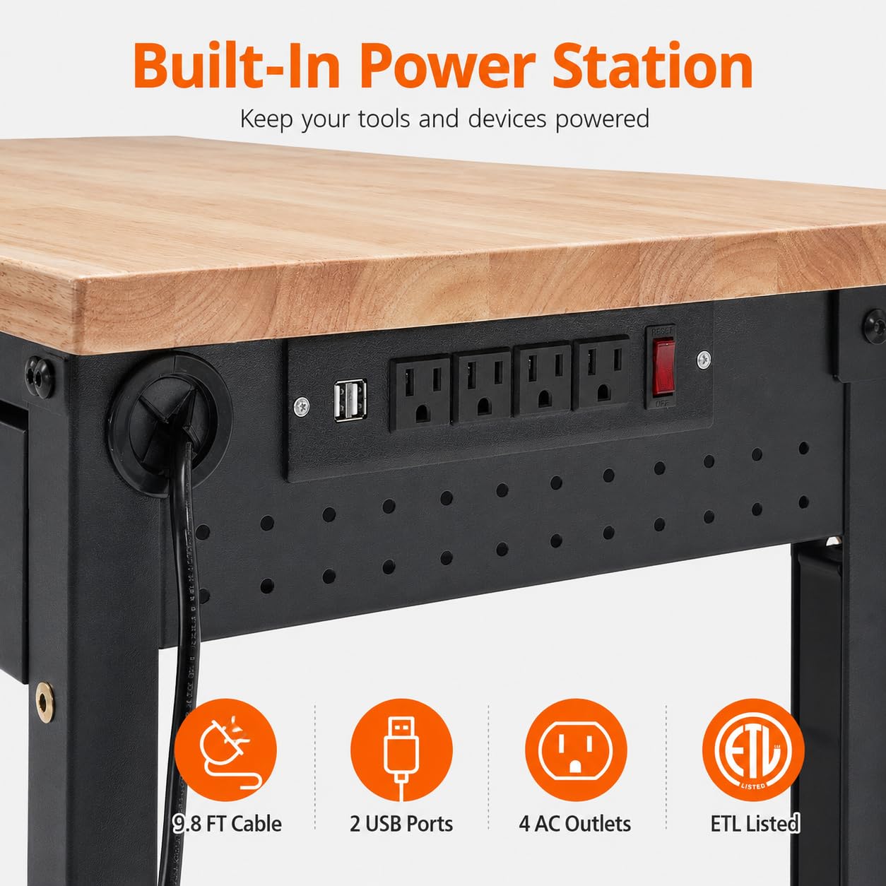 48"x24"x1.2" Heavy Duty Adjustable Workbench with Rubber Wood Top, Drawer Storage, 9 ft Power Strip, 2000 LBS Load Capacity, Lockable Wheels, ETL Certified, Black Garage & Workshop Table