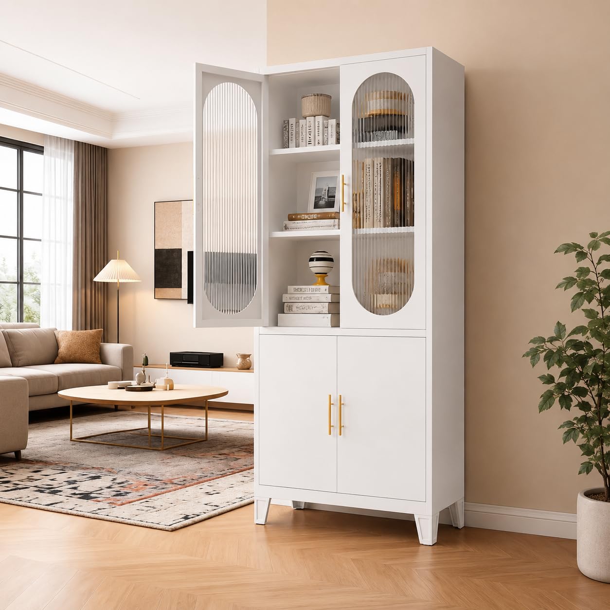 Arched Storage Cabinet with Glass Doors, 71" Tall Metal Pantry Cabinet, White Freestanding Storage with Upper Fluted Glass and Lower Metal Doors, Adjustable Shelves for Dining Room, Living Room