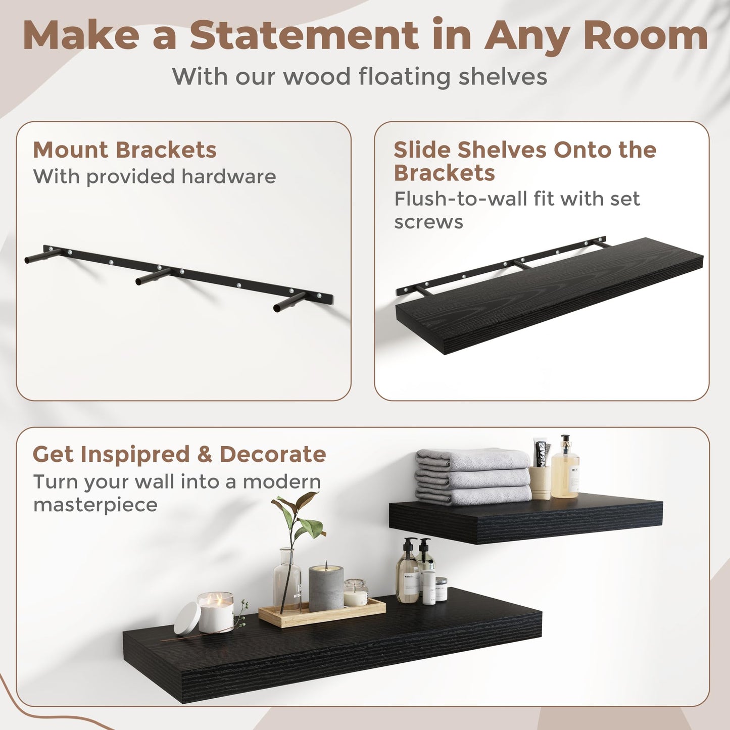 72 Inch Long Floating Shelves for Wall Set of 2, 12"D Wood Grain Bathroom Shelves with Invisible Brackets, Easy Install Engineered Wood Storage Shelves for Kitchen, Living Room, Bedroom, Black Finish