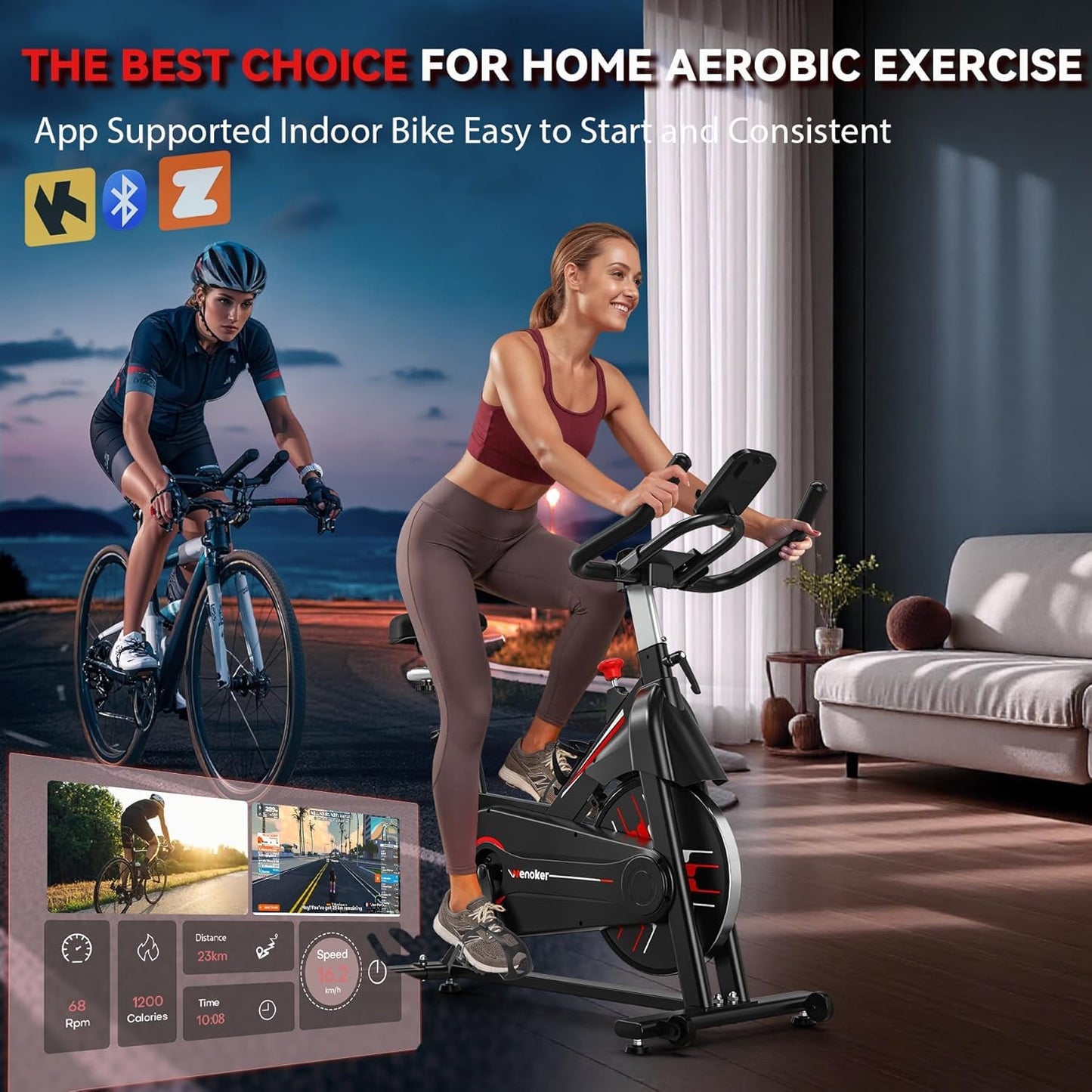 Exercise Bike, Wenoker Magnetic Resistance Stationary Bike for Home App Sync Indoor Bike with 350lbs Weight Capacity, Tablet Holder and Fitness Courses for Weight Loss[Black Red]