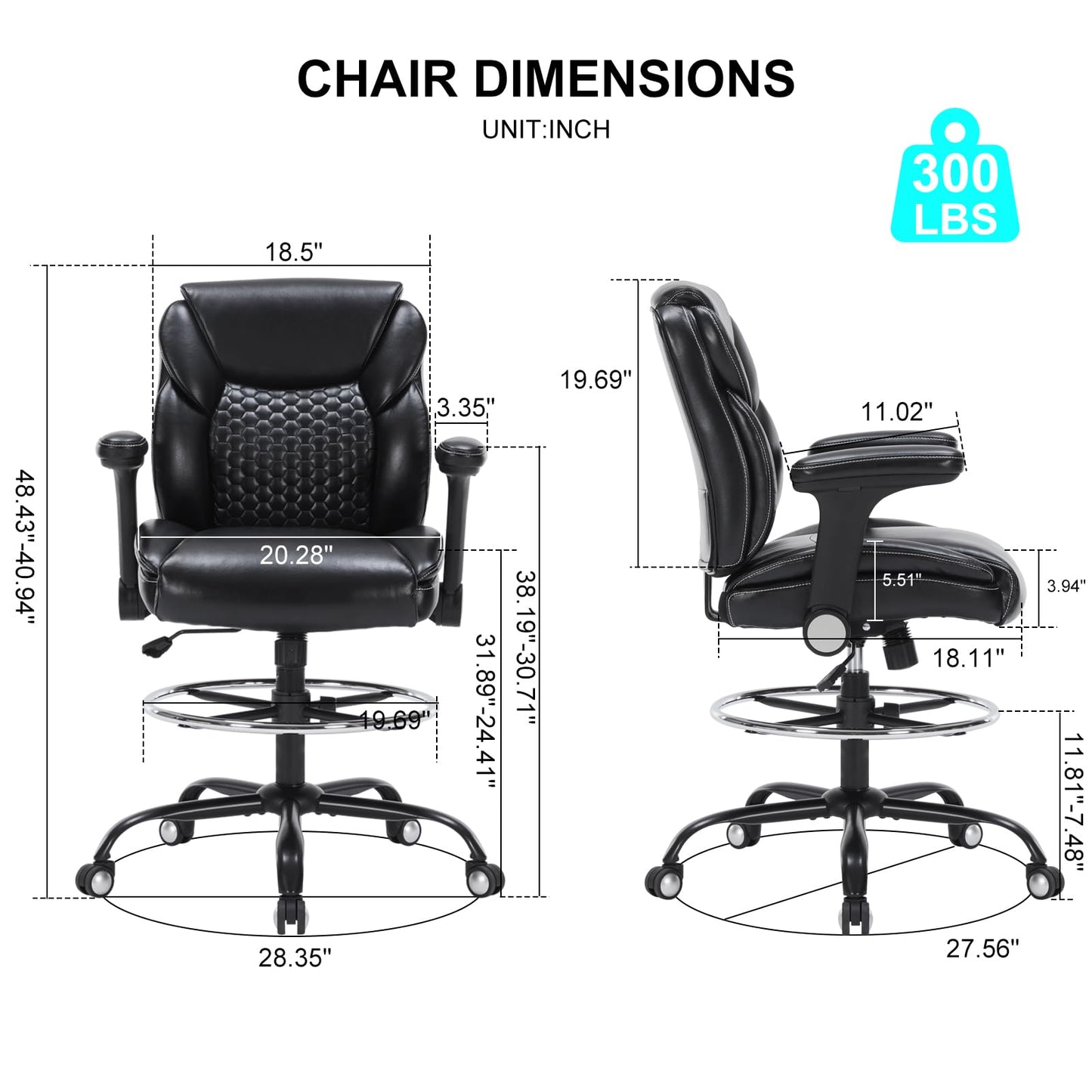 Drafting Chair, Tall Office Chair with Adjustable Armrests Mid-Back Standing Desk Chair with Footrest Ring, PU Leather High Executive Desk Chair Counter Height Office Chair for Home and Office, Black
