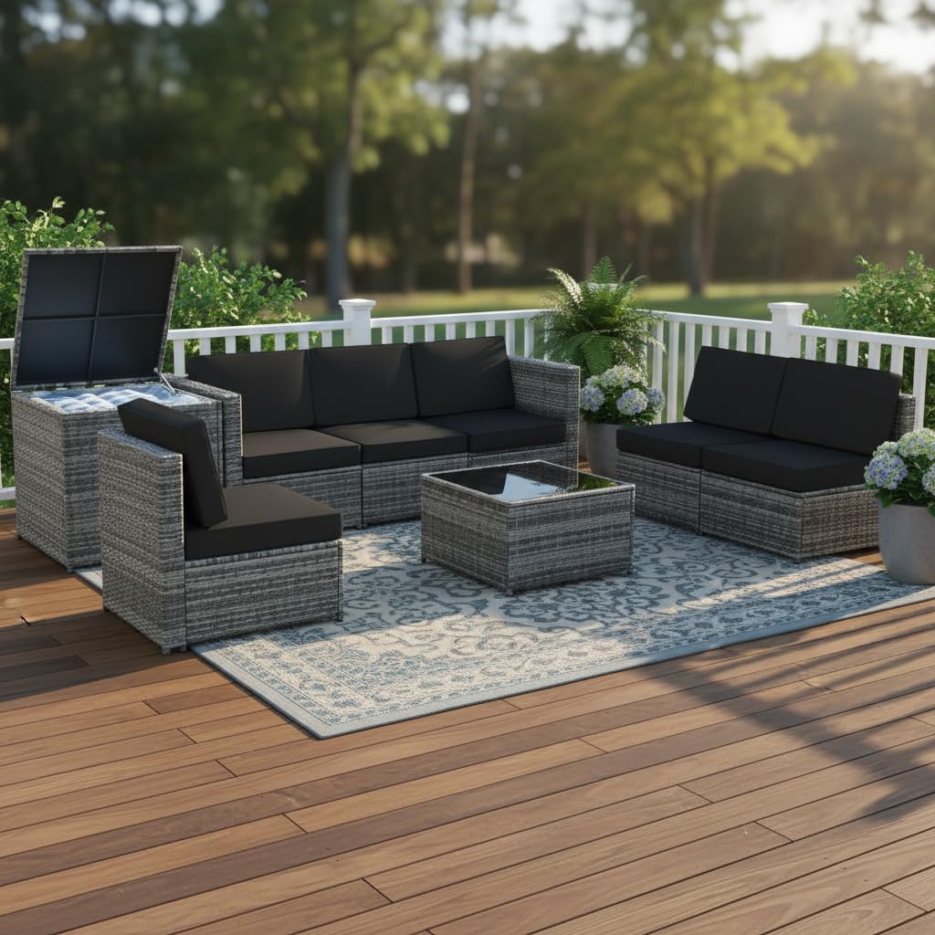 Tangkula 8 Pieces Wicker Patio Furniture Set with Storage Deck Box, PE Rattan Outdoor Sectional Sofa Conversation Set with Coffee Table & Cushions, Outside Furniture for Garden Yard Poolside (Black)