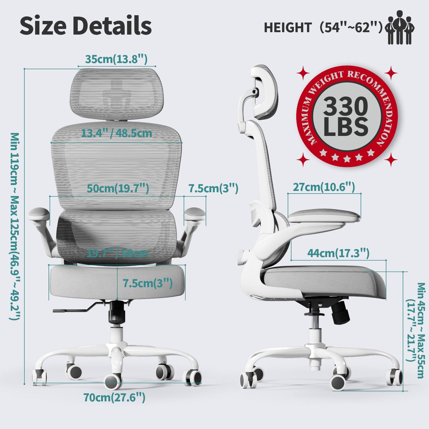 TRALT Office Chair Ergonomic Desk Chair, 330 LBS Home Mesh Office Desk Chairs with Wheels, Comfortable Gaming Chairs (Light Grey)
