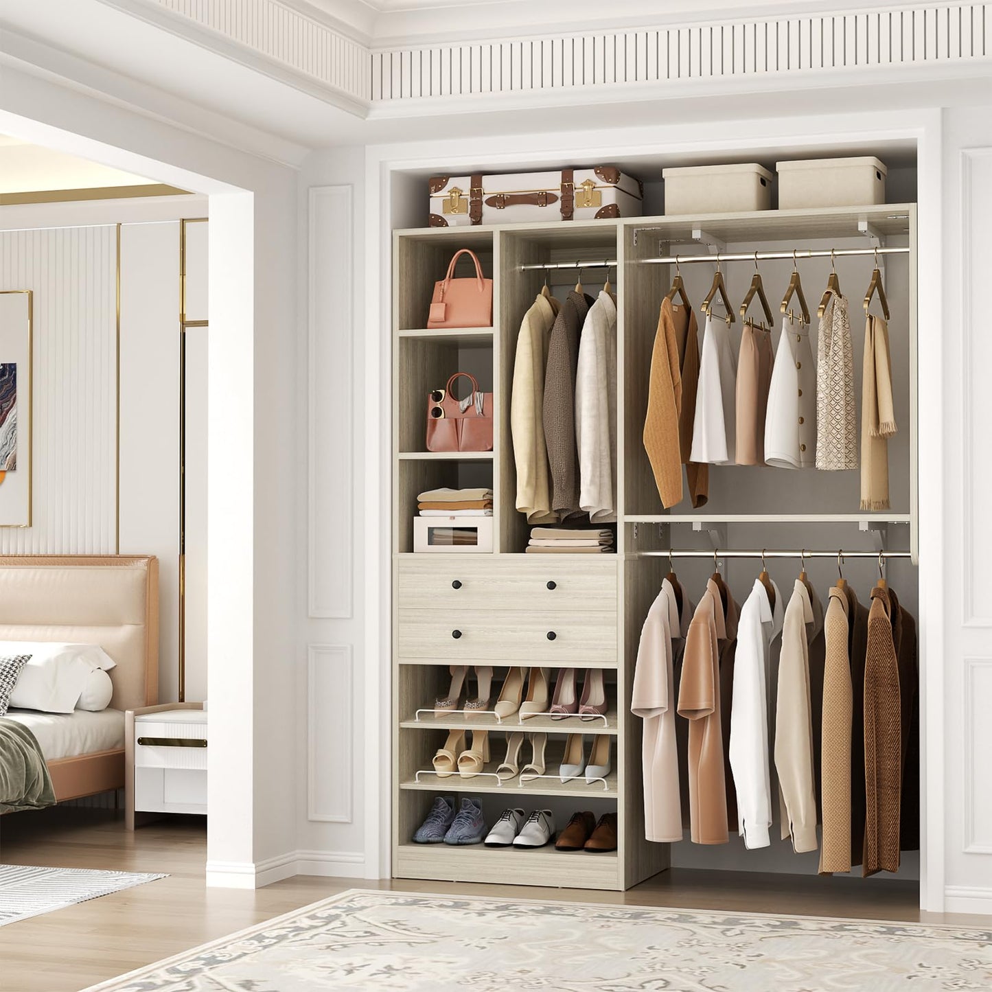 Besiost Closet System - 60"/92" Closet System with Drawers, 5FT/7.67FT Closet Organizer System with Reversible Hanging Shelving and Hanging Rods, for Small/Walk-in Closets, Greige Oak